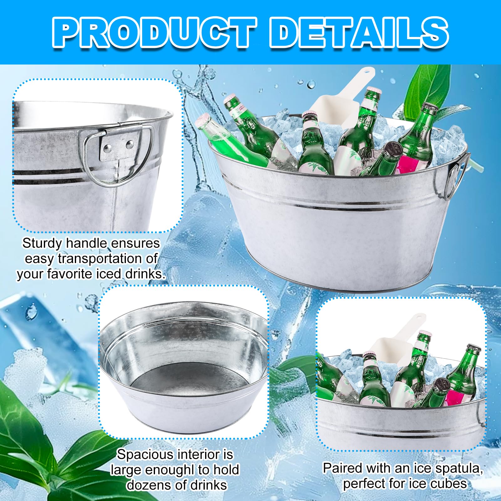 APACALI Lot de 3 bacs à boissons avec anse, bac en zinc avec grattoir à glace, refroidisseur de boisson, seau à champagne étanche, seau à glace pour jardin, fête