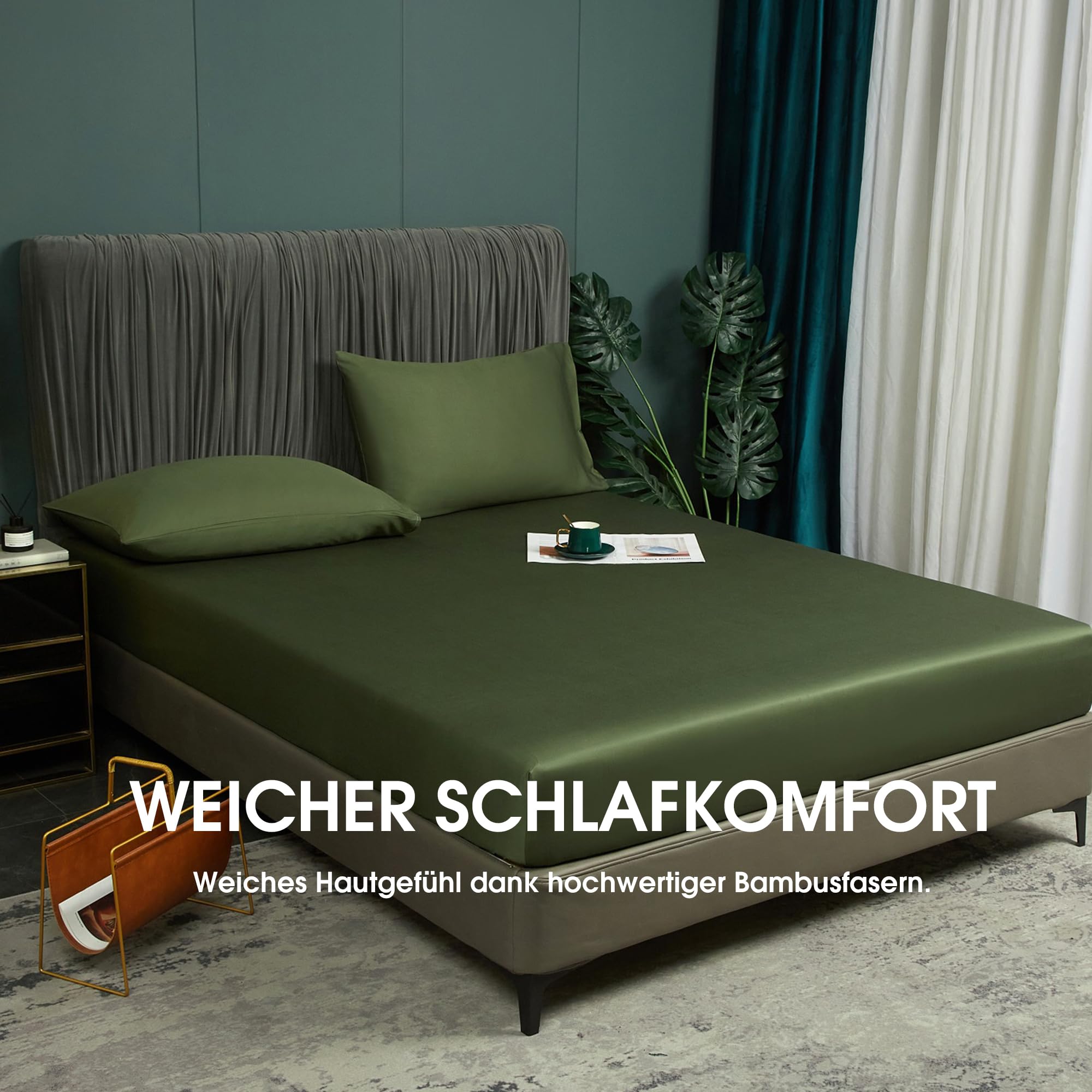 Luowei Bambus Spannbettlaken 180x200cm Kühlend Sommer, Dunkelgrün, Oeko-TEX