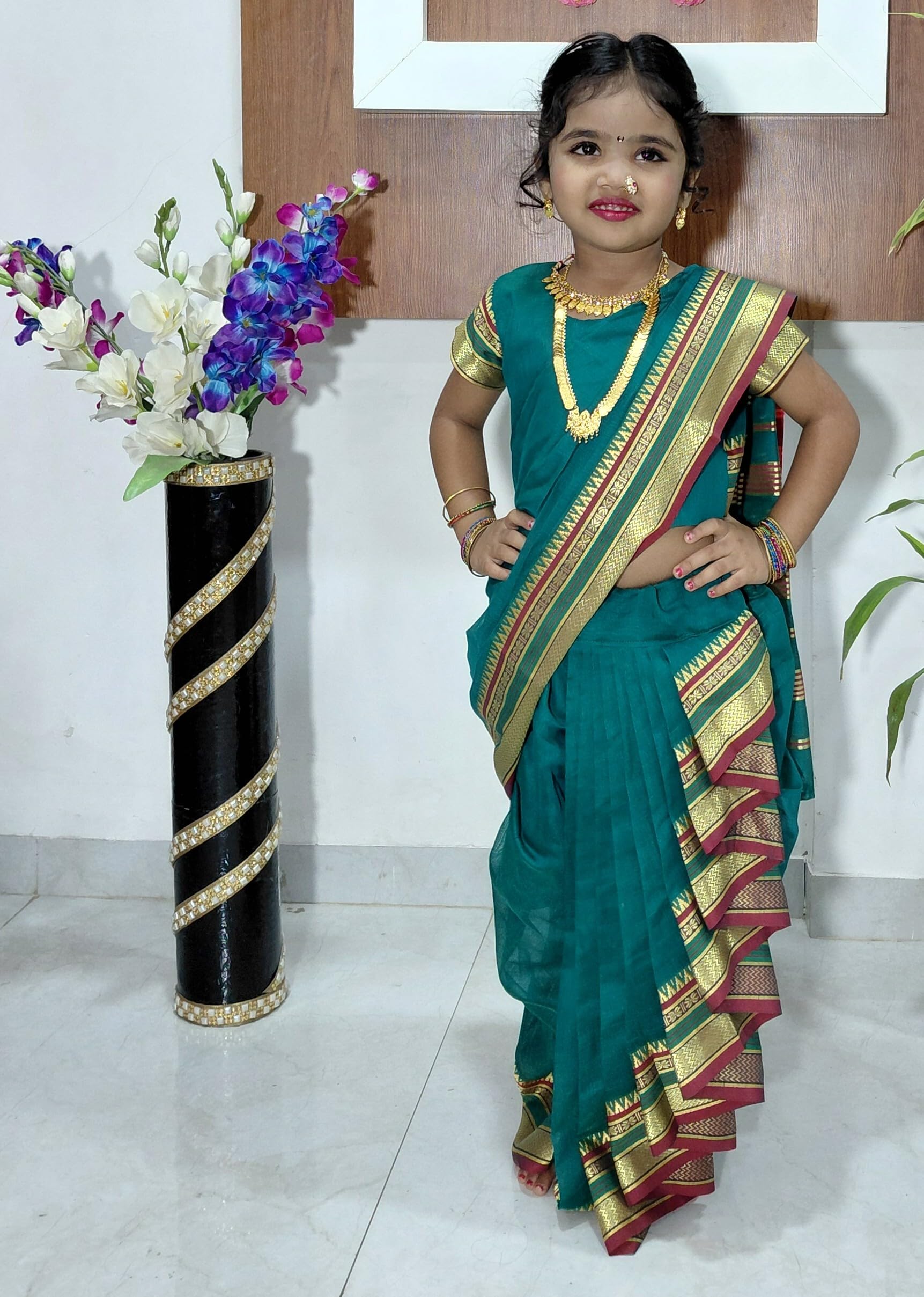 Mom and Me Girls' Ready-to-Wear Mastani Nauwari Saree with Stitched Blouse | Traditional Maharashtrian Ilkal Border | Soft Acrylic Cotton | Age 12 Months to 15 Years (Morpankhi, 4-5 Years) - Image 6 thumbnail
