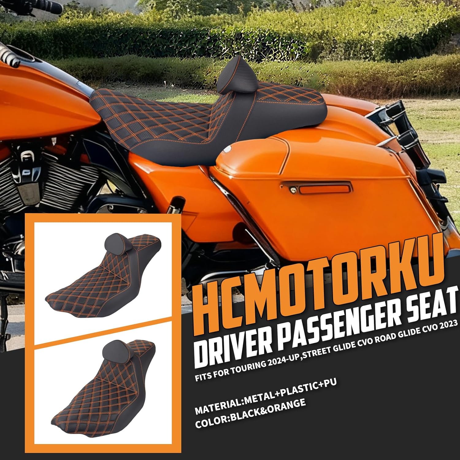 One-piece Two-Up Seat Driver Passenger Seat With Backrest Fit for Harley Touring 2024-Up Street Glide CVO 2023 Road Glide CVO 2023 (Orange Stitching) with Driver Backrest Orange Stitching