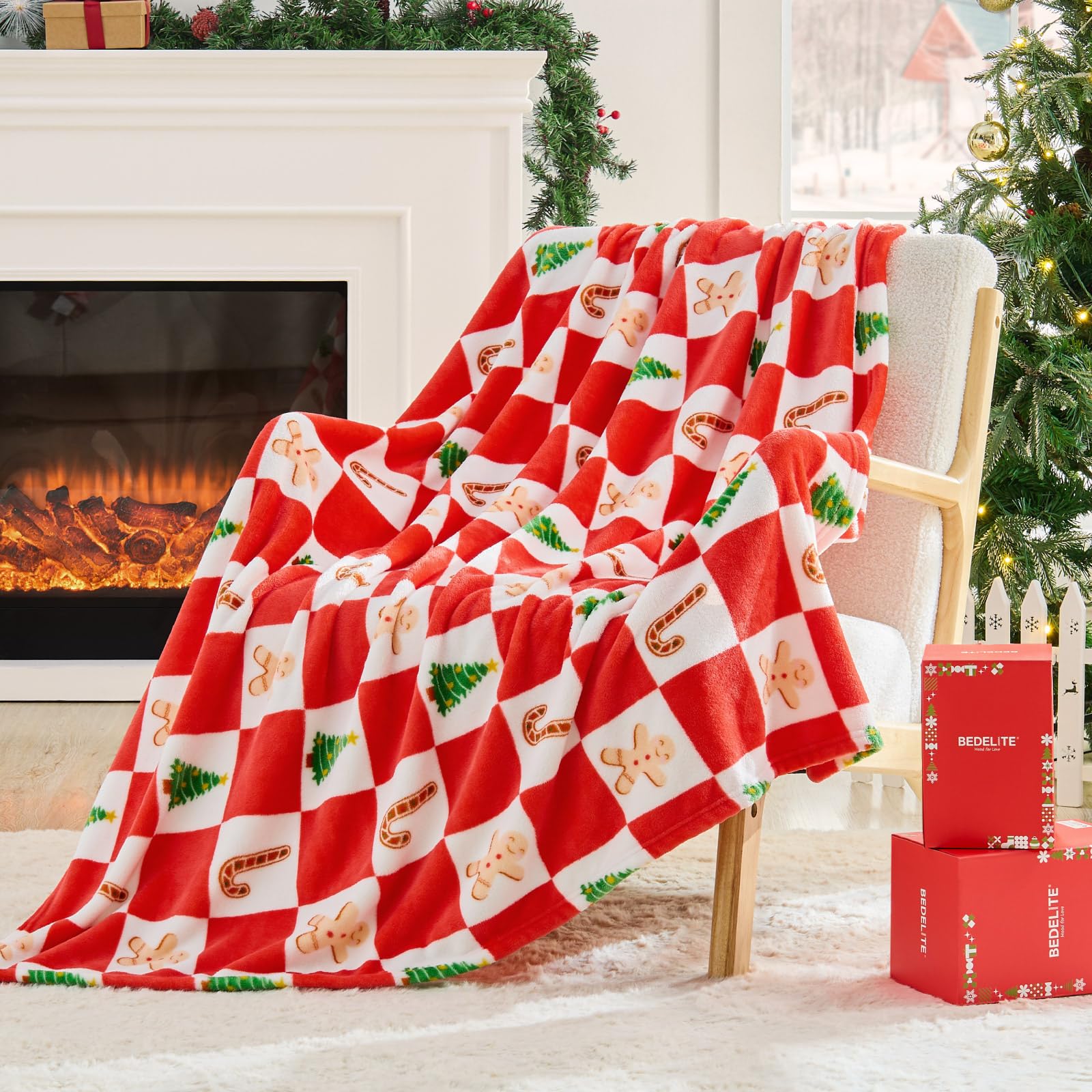 BEDELITE Christmas Throw Blanket – Red and White Checkered Holiday Blanket with Gingerbread Man, Candy Cane &amp; Christmas Tree Pattern, Soft Warm Fleece Christmas Blanket for Home Décor &amp; Gift, 50"x60"