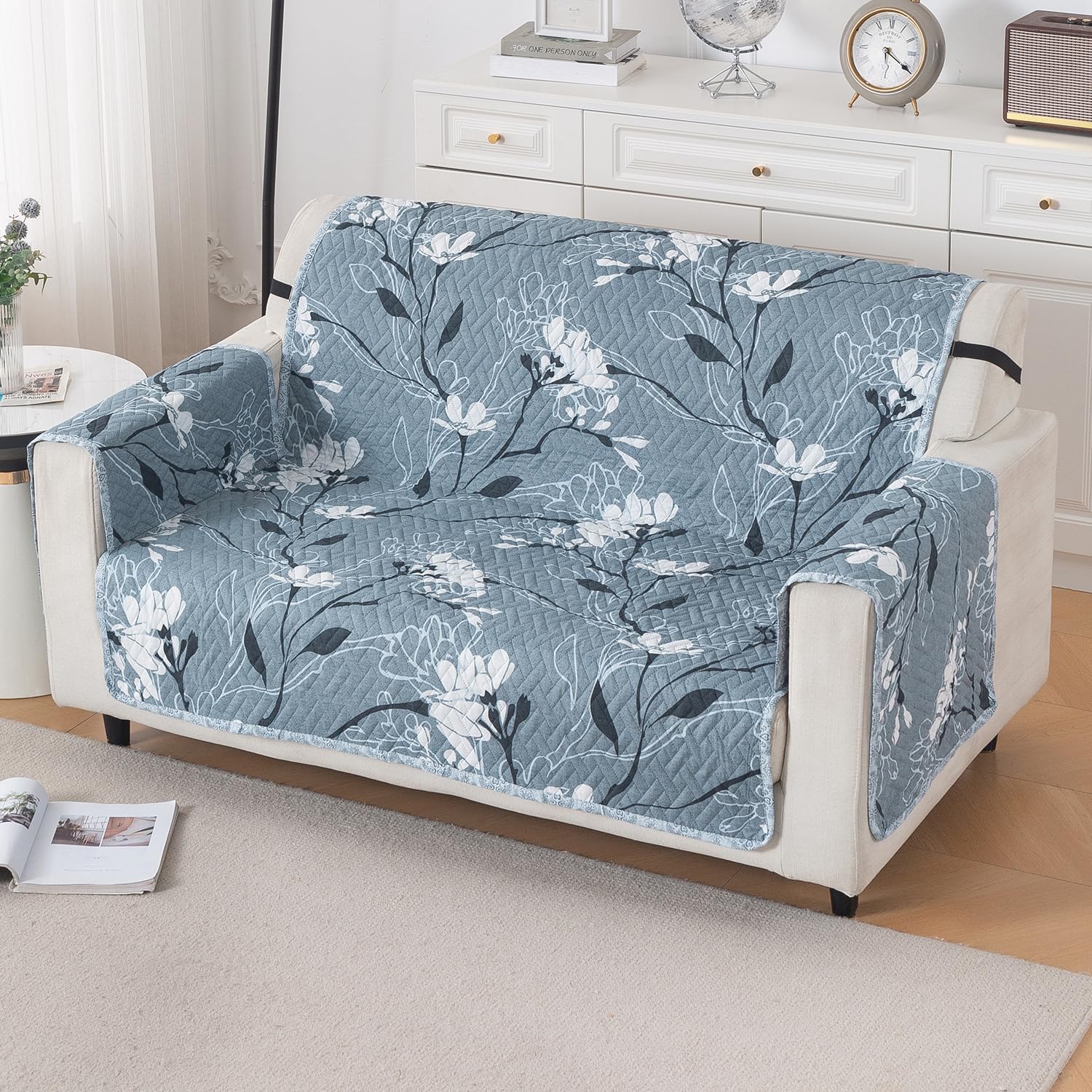 HOKIPO Reversible Quilted Sofa Cover 2 Seater Fully Covered, Easy Drape Series, Blue Blossom (IN-1100-ED1)-image-7