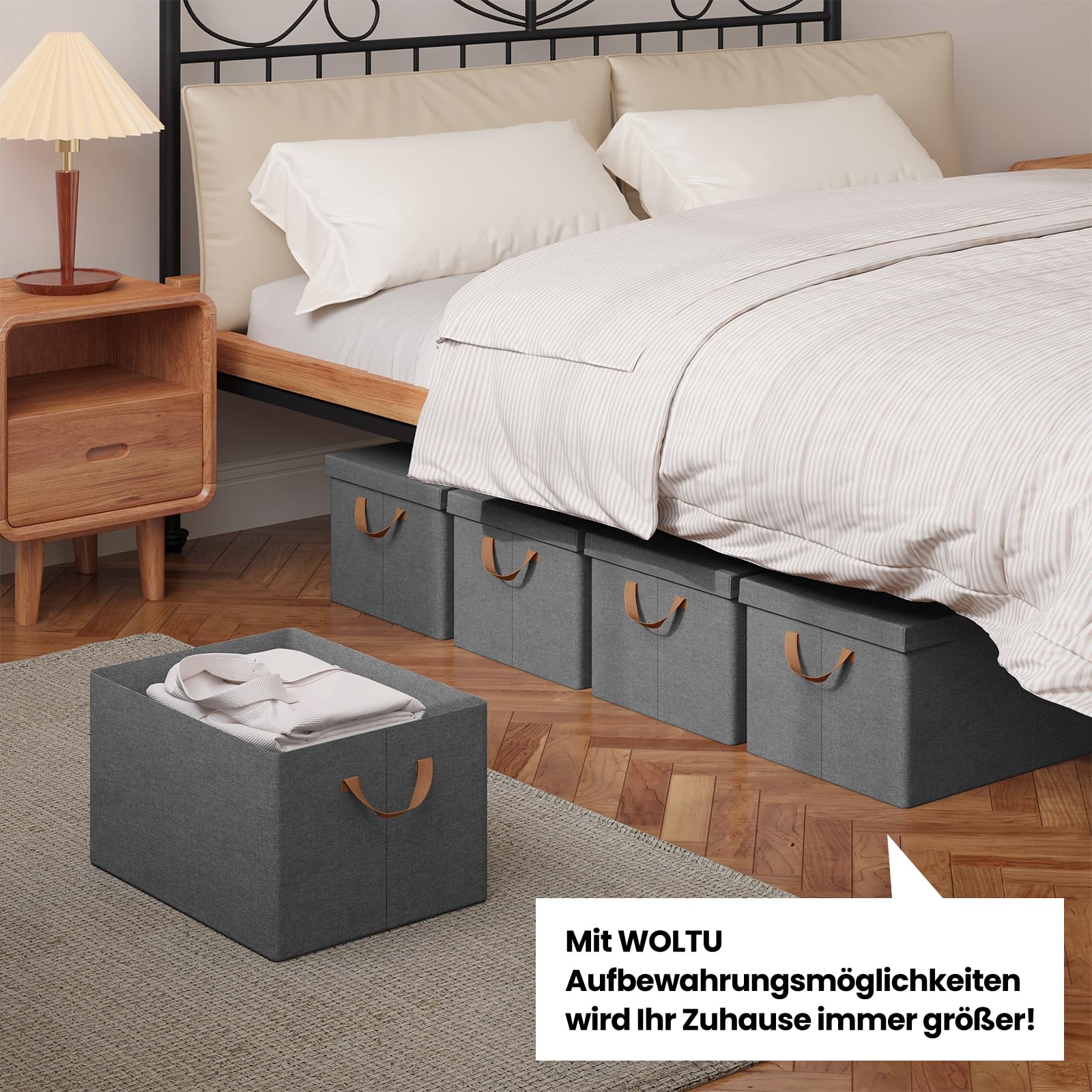 WOLTU Aufbewahrungsbox mit Deckel 5 Stück, aus Polyesterstoff, für Schlafzimmer, Arbeitszimmer, Wohnzimmer, Organizer Box mit Griffen, faltbar, Grau, 43x33x26 cm