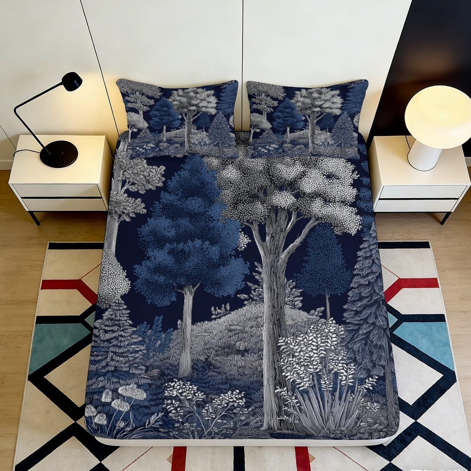 3D Printed Forest Trees Fitted Sheet Microfiber Soft Breathable Woodland Mattress Cover for Bedroom Dormitory Guest Room Mattress Protection Decor 200x200x25cm