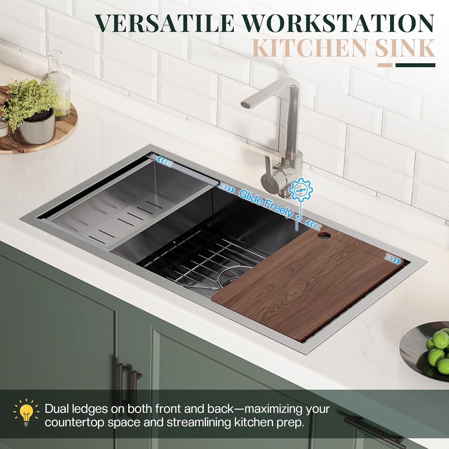 Jocisland 32x19 Inch Undermount Kitchen Sink Workstation, 16 Gauge 304 Stainless Steel Single Bowl Kitchen Sink with Cutting Board, Drying and Roll-Up Accessories and Drain Assembly