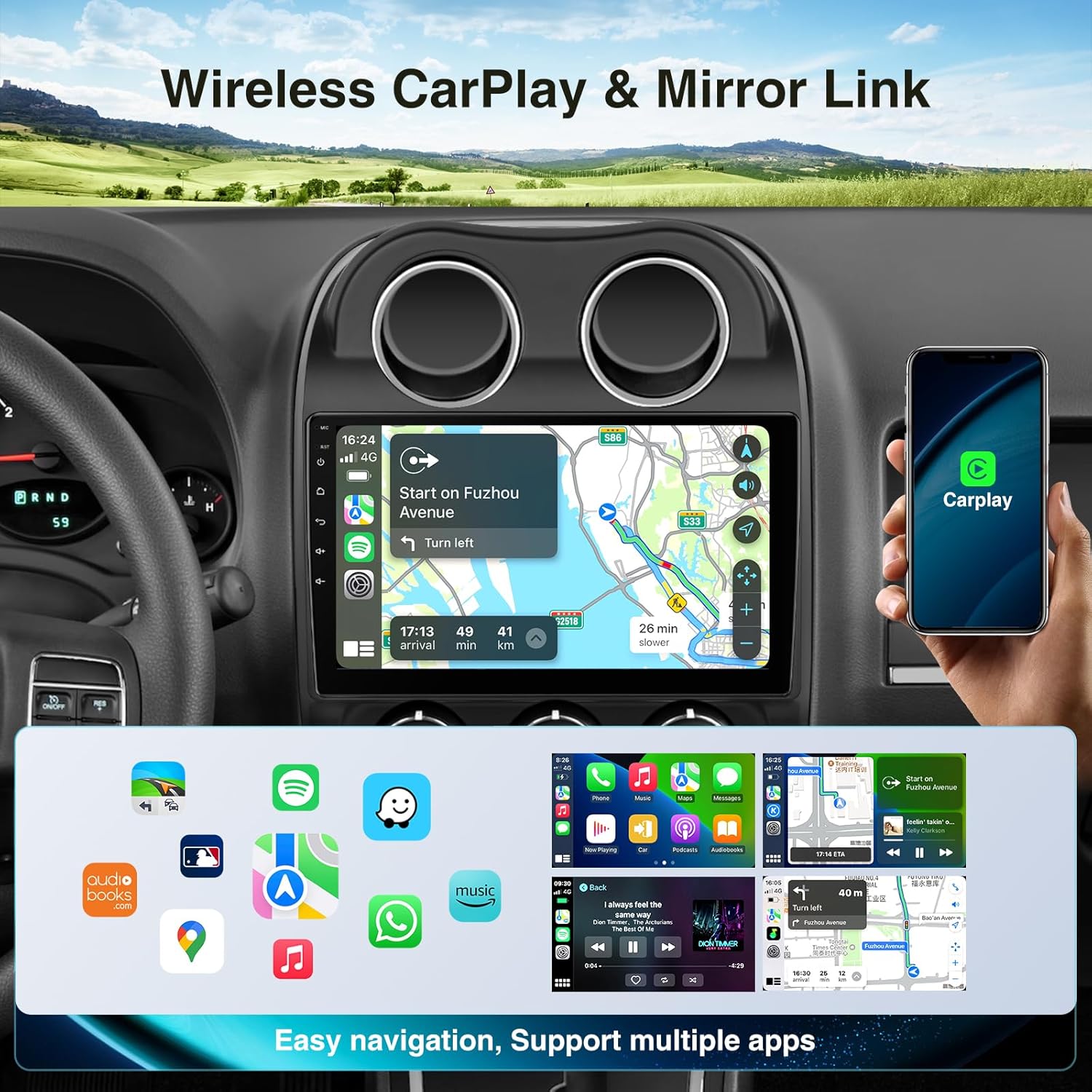 10.1-inch Car Radio Stereo for Compass/Patriot 2009-2016, Supports Wireless CarPlay/Bluetooth/GPS Navigation/HD Reverse Camera/FM/DSP/Android12