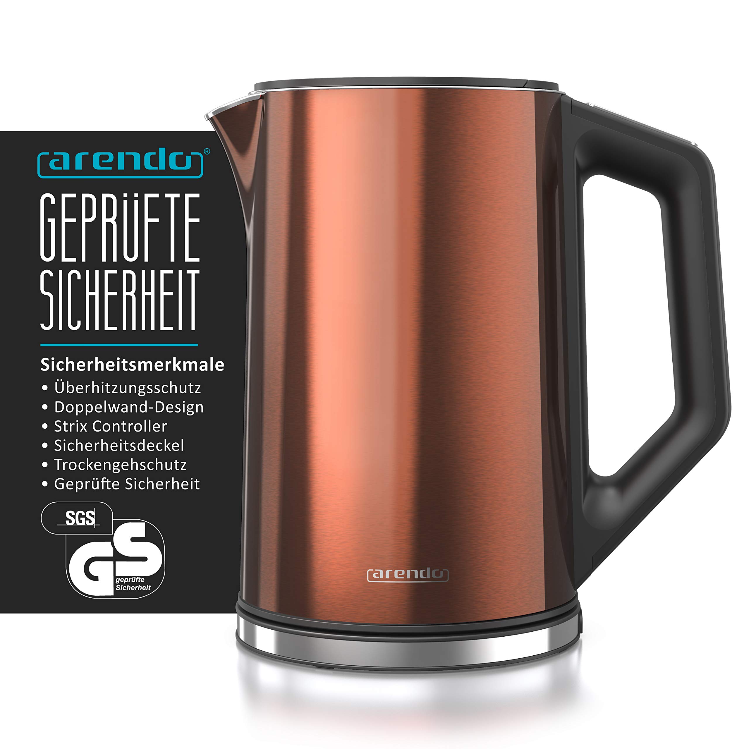 Arendo - Roestvrijstalen waterkoker met temperatuurinstelling 40-100 graden in stappen van 5 - Dubbelwandig design - Model ELEGANT - 1,5 liter - 2200 W - Waterkoker met temperatuurweergave - GS - Cool