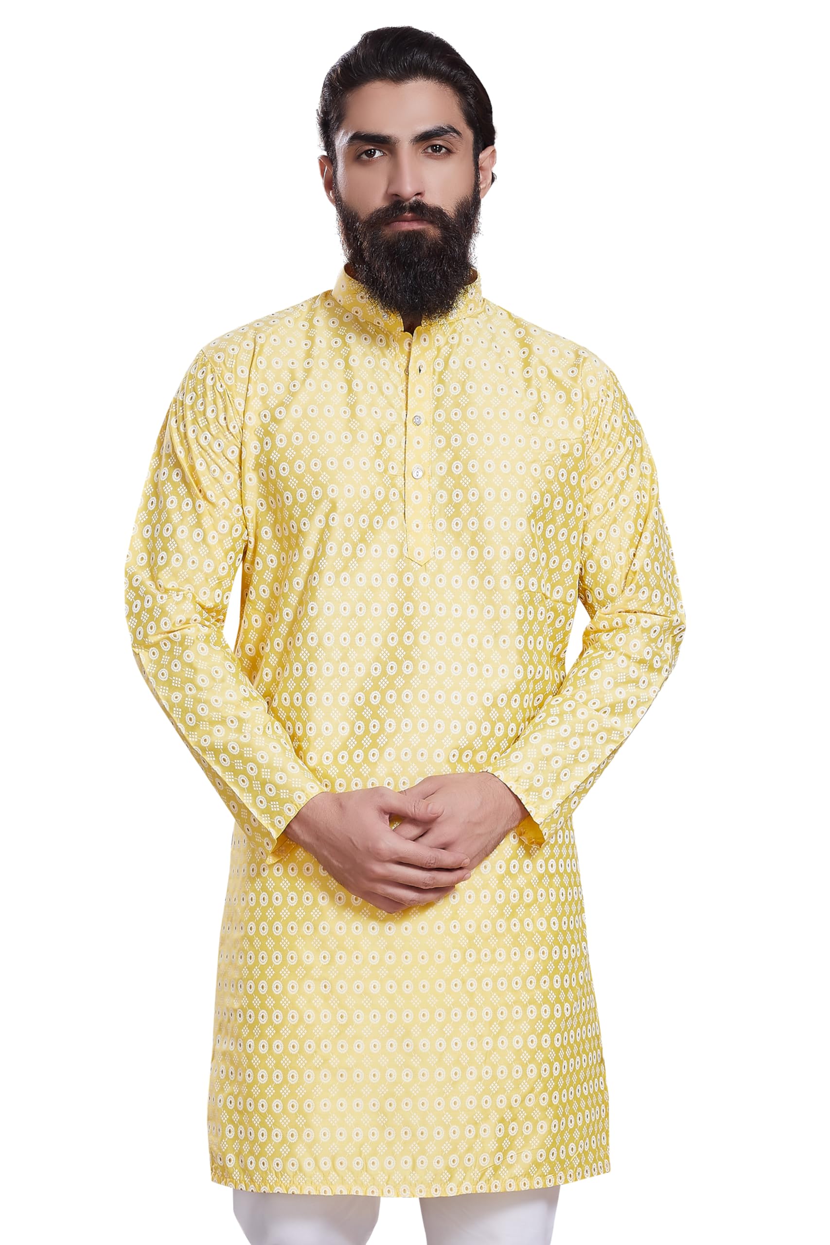 Divisive Men's Printed Cotton Silk Blend Only Slim Fit Kurta (Dkrt217_S_Yellow)