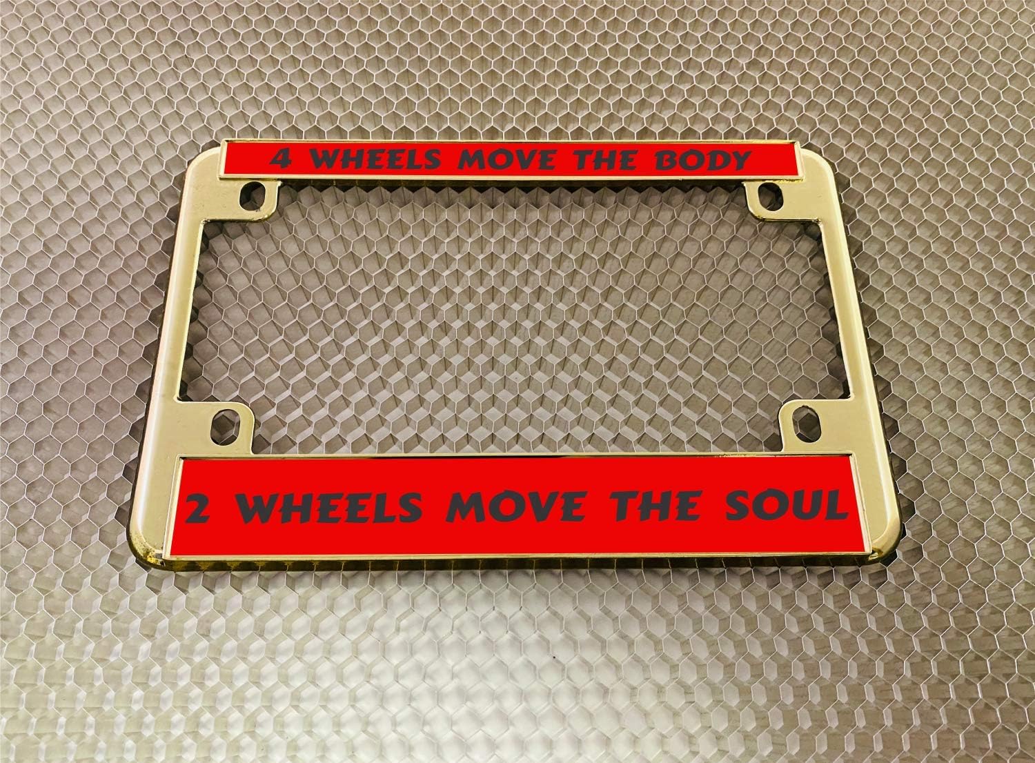 Motorcycle Personalized Metal (Zinc) Laser Engraved Standard Size License Plate Frame with Custom Text Design - Gold Finish - Red/Black Text