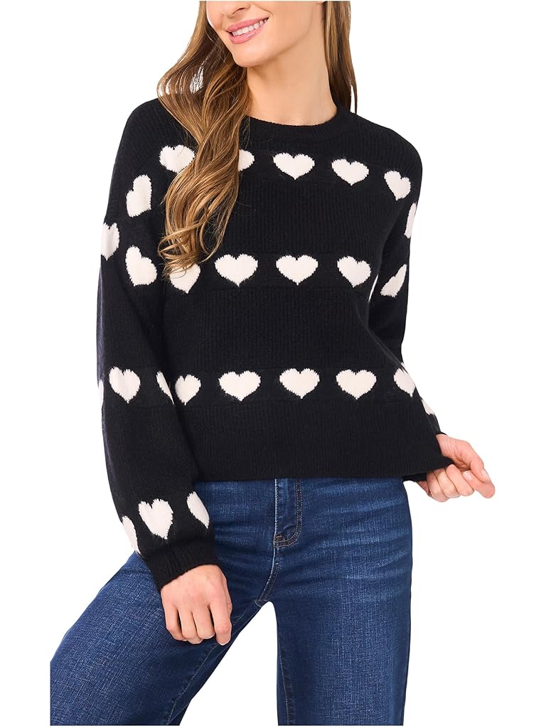 Black CeCe Heart Jacquard Crew Neck Sweater