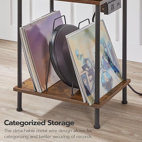 Miniatura 5 de HOOBRO Soporte para tocadiscos con estación de carga, mesa para tocadiscos de 2 niveles con almacenamiento de hasta 80-100 álbumes, soporte para