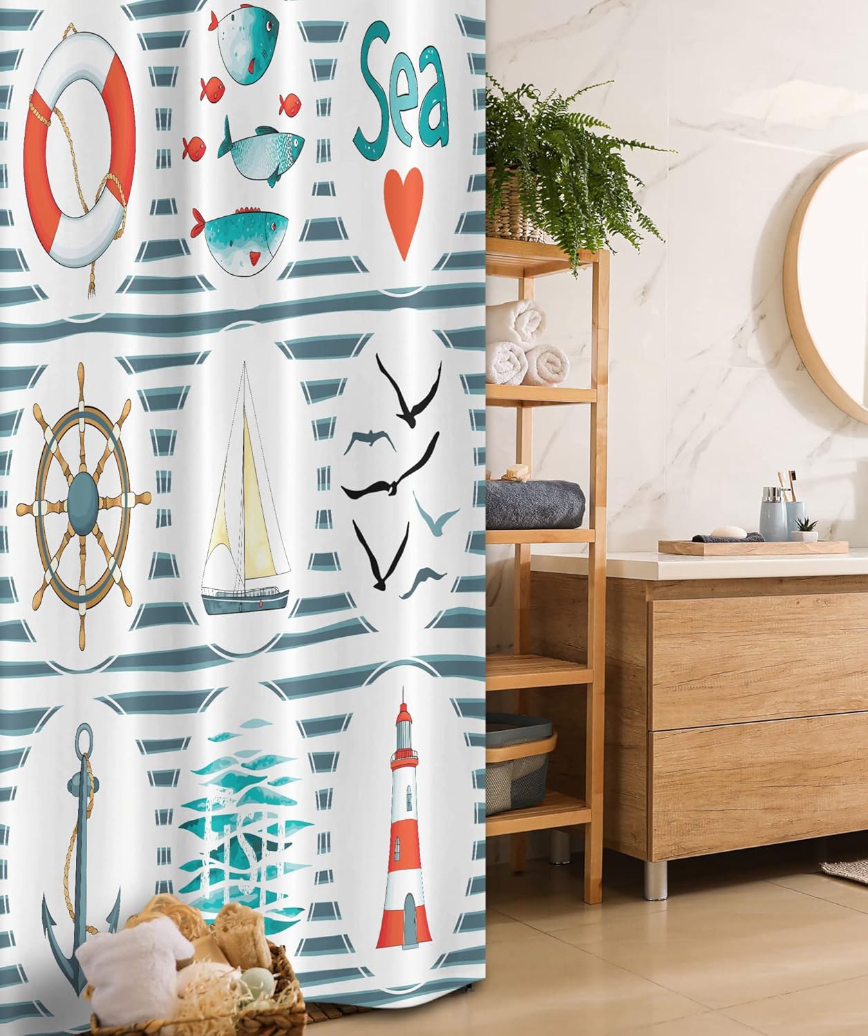 Ambesonne Nautical Stall Shower Curtain, Sea Set Fishes Life Gulls Lighthouse Marine Inspired Maritime Theme, Fabric Bathroom Decor Set with Hooks, 36" W x 72" L, White Red Blue