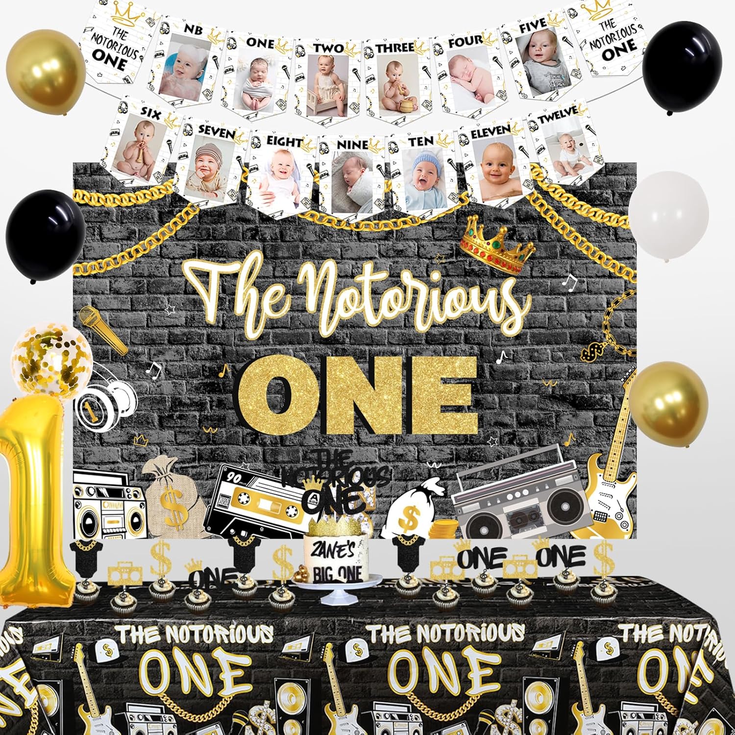 Notorious One Birthday Decorations, Notorious One Birthday Balloon Arch with Backdrop, Month Photo Banner Notorious One Tablecloth Cake Cupcake Toppers, Microphone Number 1 Crown Balloon for Boys