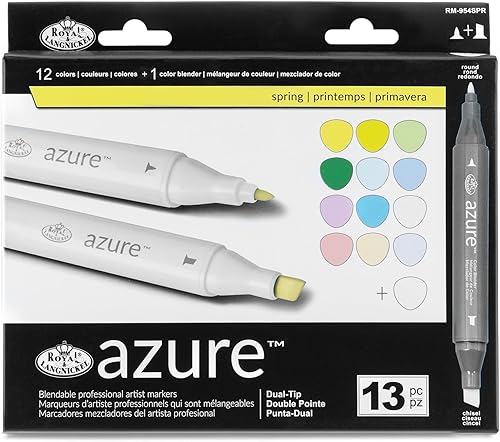 Royal & Langnickel Azure, juego de marcadores a base de alcohol de doble punta de 13 piezas, incluye 12 marcadores y 1 licuadora, colores