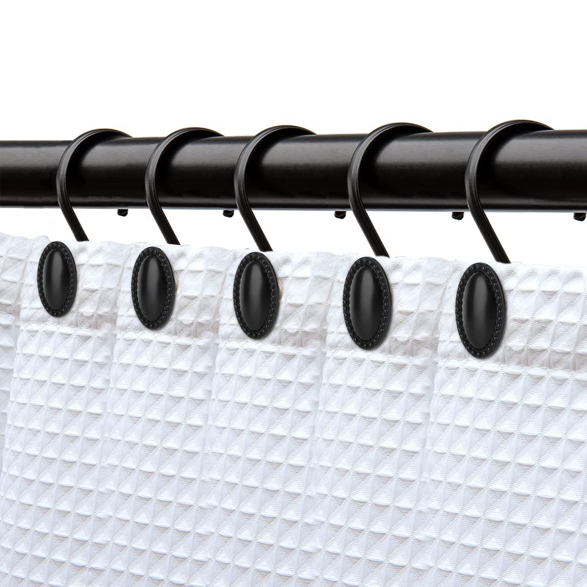 Lot de 12 Crochets de Rideau de Douche en Zinc résistant à la Rouille, décoratifs, Noir Mat, Taille Standard, adaptés pour tringles à Rideau de Douche Standard Droites ou incurvées