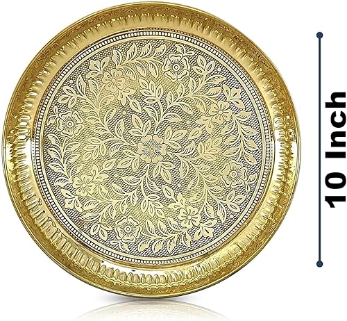 Miniatura 2 de BENGALEN Plato Pooja de latón de 10 pulgadas puro Pital Puja Arti Thali Pooja Thali Set tradicional hecho a mano para Puja Ghar Home Office Mandir