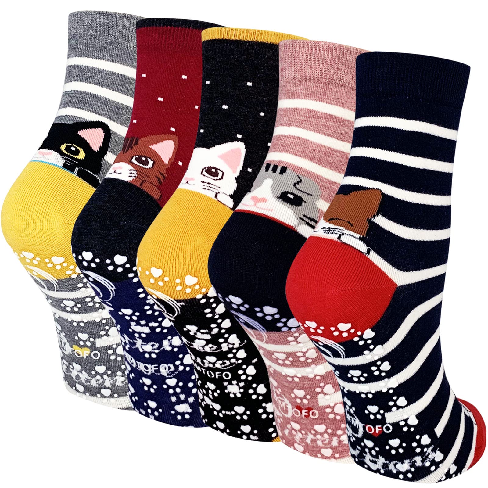 ZFSOCK Calzini Antiscivolo Donna Fantasia: Calze Non Scivolare con Grip Divertenti Colorate Gatto Animali Motivo per Fitness Sport Ospedale 5 Paia Taglia EU 35-42