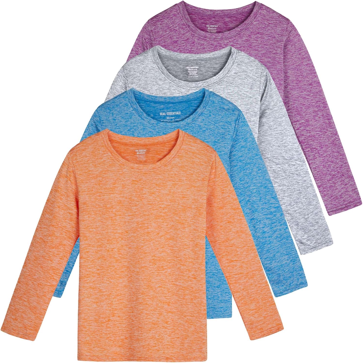 Real Essentials 4 Pack: Girls Dry-Fit Long Sleeve Active Crew Neck T-Shirt - Super Soft Tee