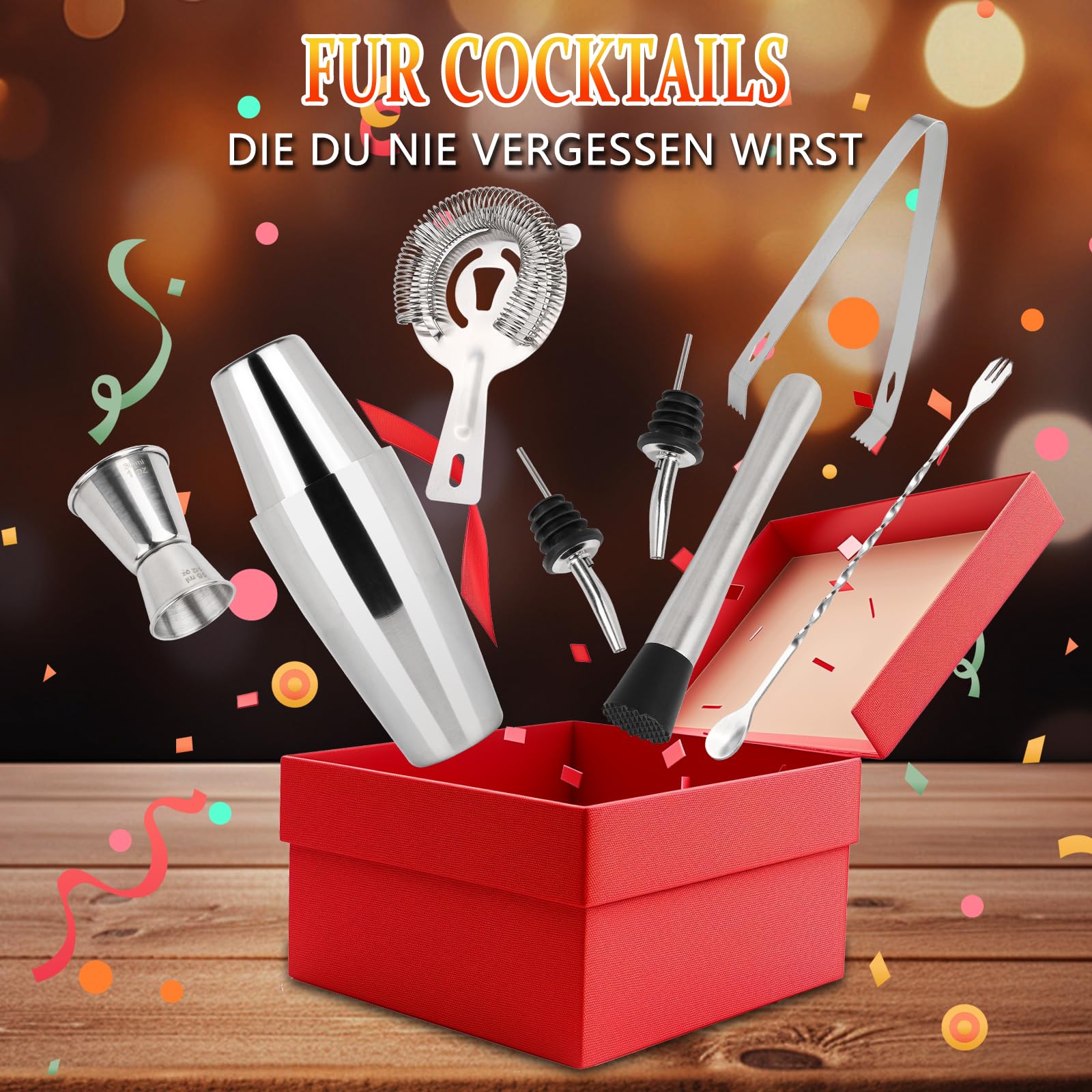LIVE4COOL Boston Shaker, 8-teiliges Cocktail Set - 750 ml Edelstahl Cocktail Shaker Sets für Zuhause und Bar, inklusive Rezeptkarten und Zubehör, perfekt als Präsent für Anfänger und Profis