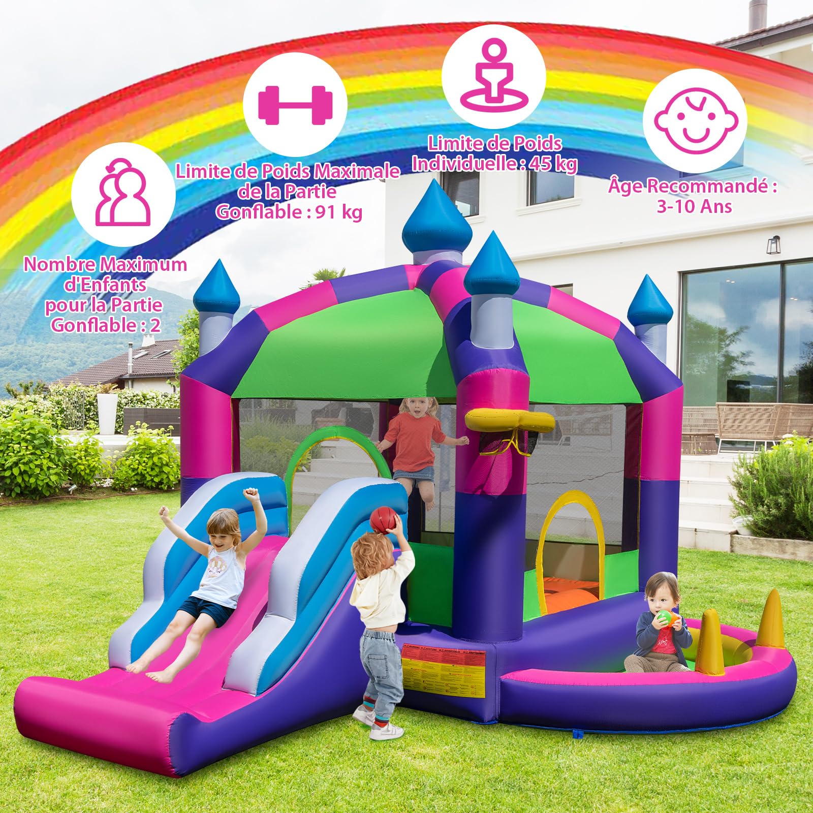 COSTWAY – Château Gonflable 5-en-1 – Musical – 294x290x190 Cm – Avec Toboggan, Piscine à Balles, Panier De Basket, Boxe – Souffleur 480W – Pour 3-12 Ans – Charge 90 Kg