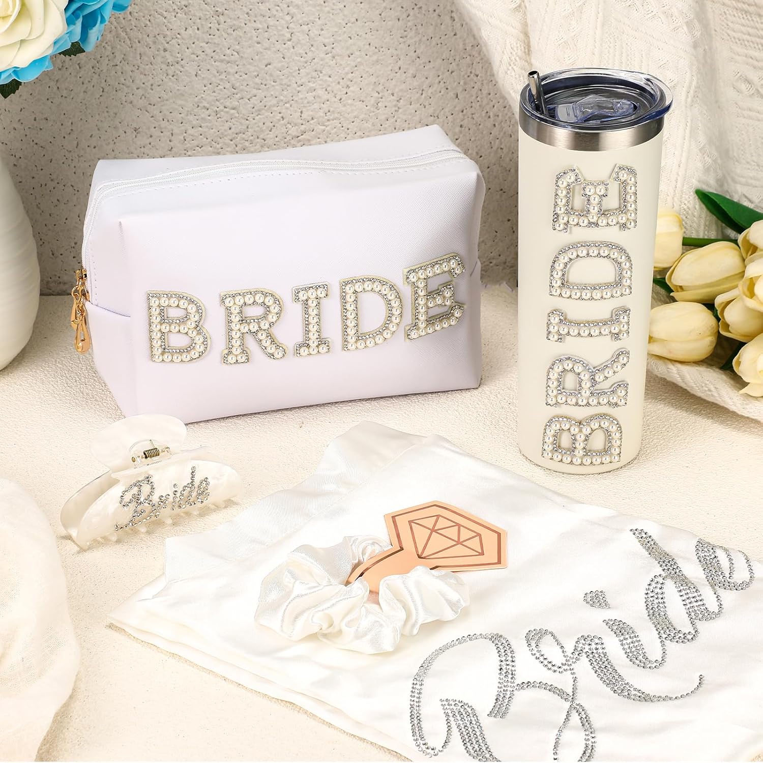Toulite 5 Pcs Bridal Shower Gifts, Include Bride Robe, Bride Tumbler Cup, Claw Clip Hair Clip, Bridesmaid Engagement Gift Scrunchies, Cosmetic Travel Toiletry Bag for Wedding Party Favors - Image 5
