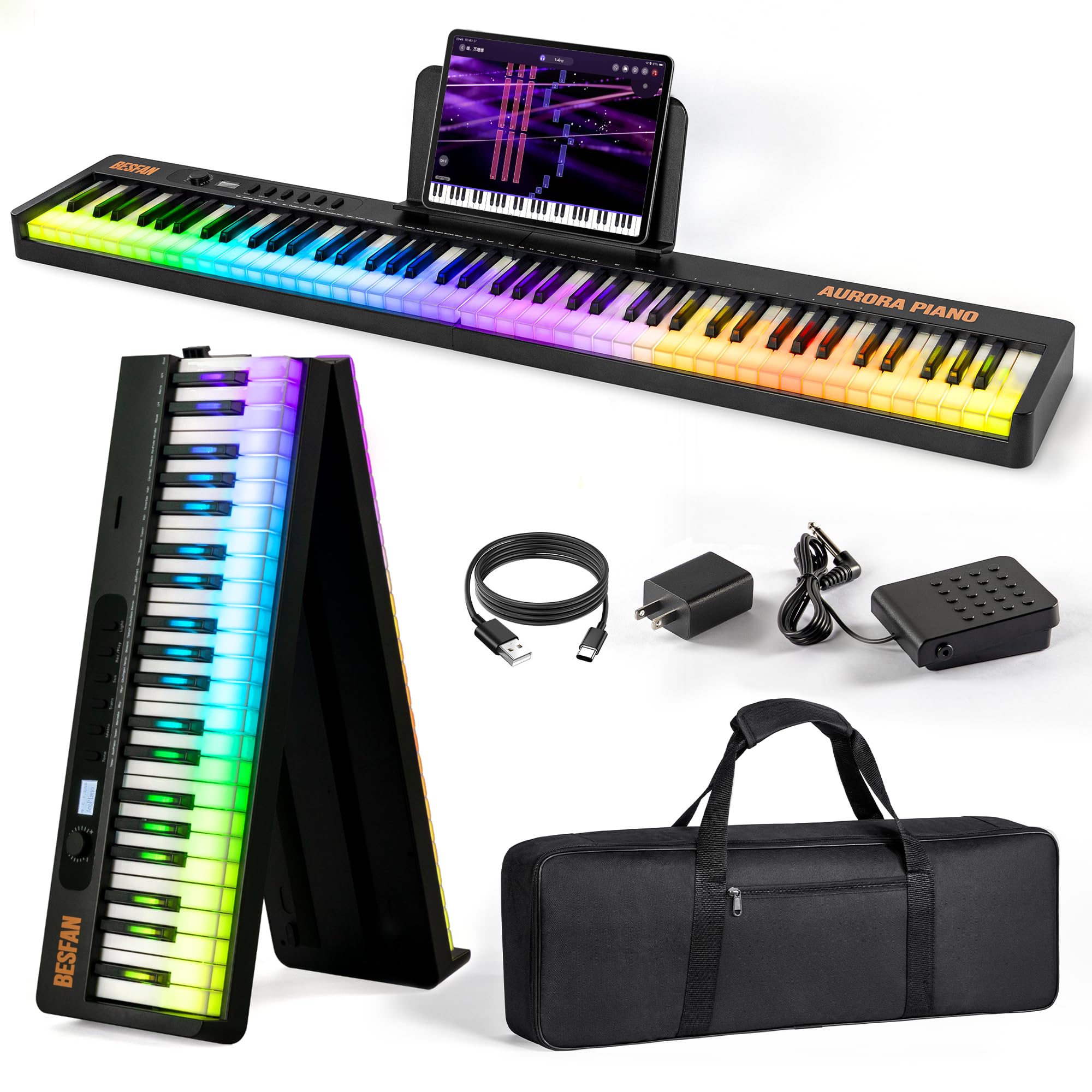 88-Key Foldable Piano Keyboard with Colorful Lighted Keys, Semi-Weighted Full Size Portable Digital Piano with USB-MIDI, Built-in Speakers, Sustain Pedal, for Beginners, Travel & Small Spaces