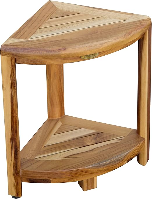 EcoDecors Teak Shower Corner Shelf Stool 2 Tier Wood Corner Shower Bench with Shelf