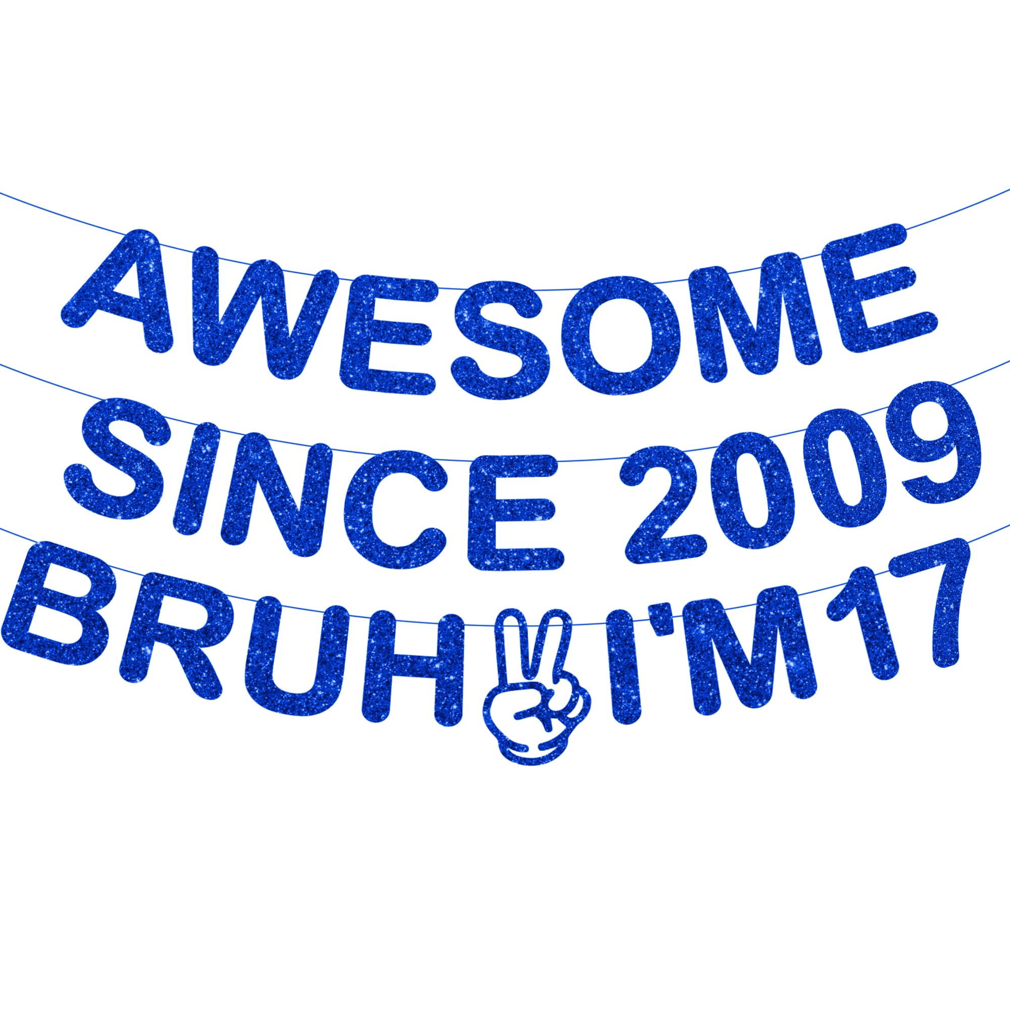 17th Birthday Decorations Banner Boys - 3 Pcs Pre-Strung Blue Glitter Awesome Since 2009 Bruh I'M 17 Lettering Banner for Boys Girls Teens 17 Year Old Birthday Celebrations Party Decor Supplies — image 1