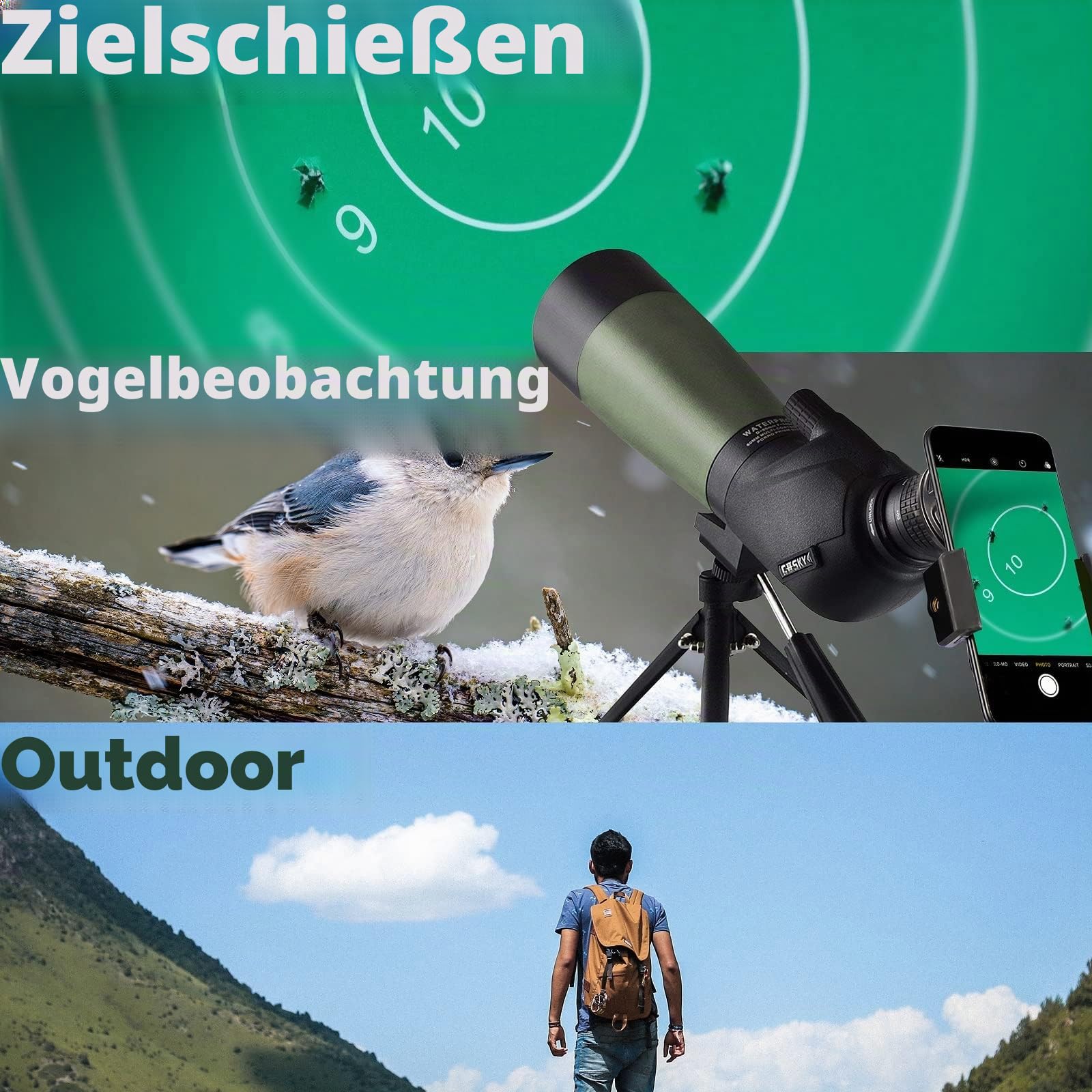 Gosky Spektiv 20-60x60mm wasserdicht BAK4 Prismen mit Stativ Digiscoping Adapter