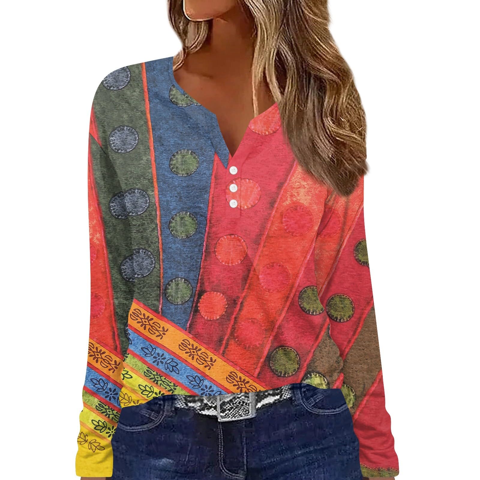 CUCUHAMWomens Tops Dressy Casual Long Sleeve V Neck Shirt Button Tunic Tee Fall Winter Henley Pullover Blouses