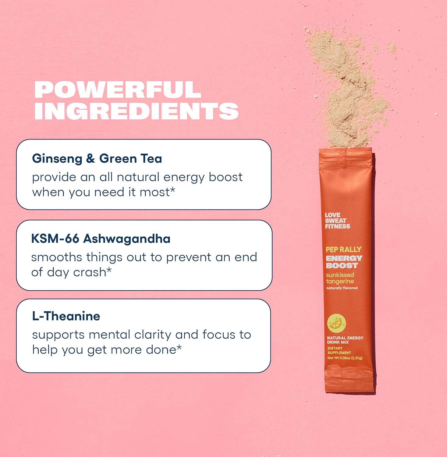 Love Sweat Fitness Pep Rally Energy Boost | Clean Natural Caffeine Drink Mix | 100mg Green Tea + Ginseng | Tangerine Flavor | Vegan, Gluten Free, Non-GMO | 15 Servings - Image 3