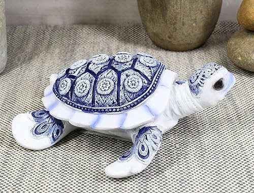 Vista 8 de Ebros - Estatua de tortuga marina celestial de Feng Shui de terracota azul y blanco, 4.5 pulgadas de ancho, talismán de estabilidad y fortuna