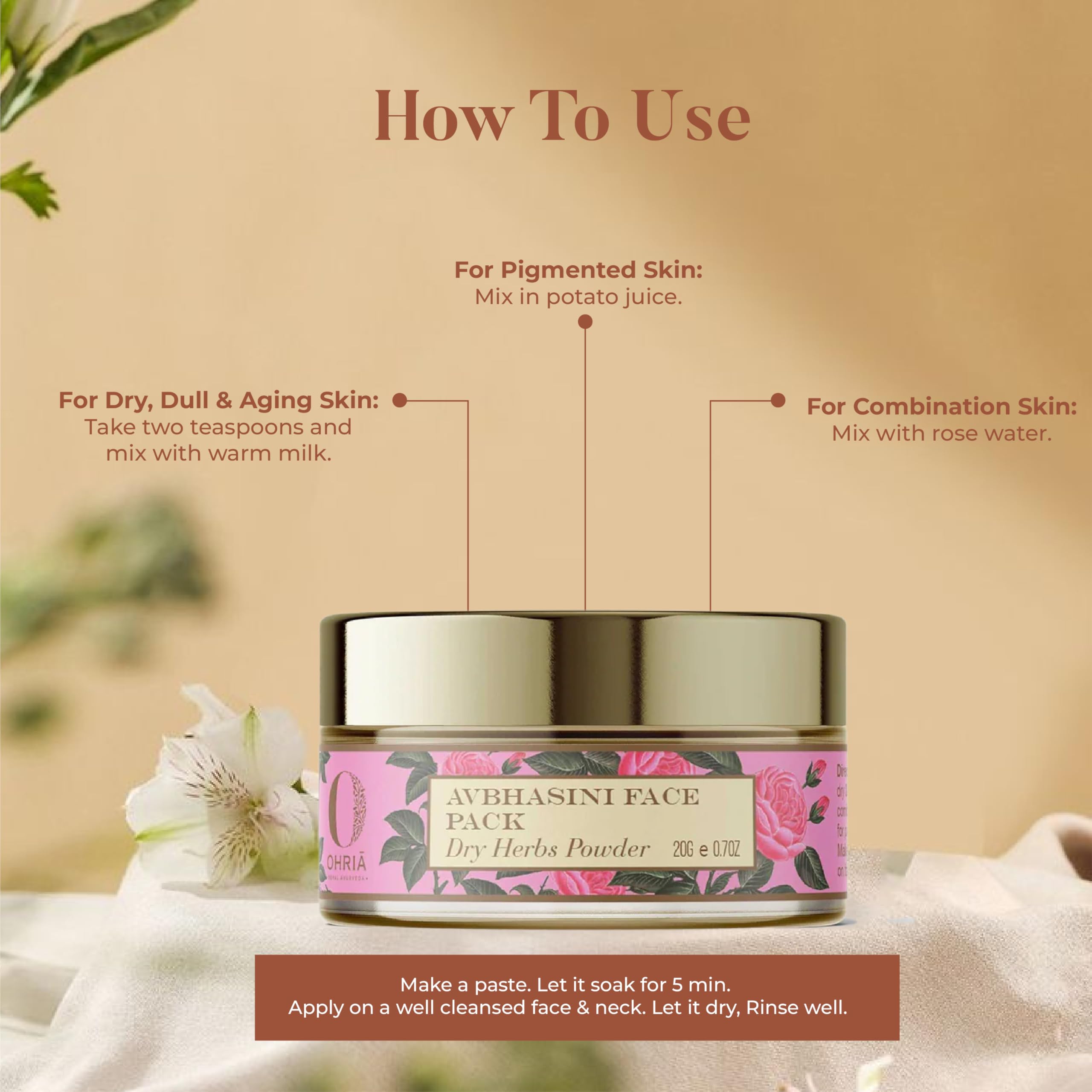 Ohria Ayurveda Avbhasini Face Pack | Dry Herb Powder| Blend of Almond, Sandalwood & Kesar for Radiance | For Dull, Dry & Combination Skin- 20g - Image 6 thumbnail
