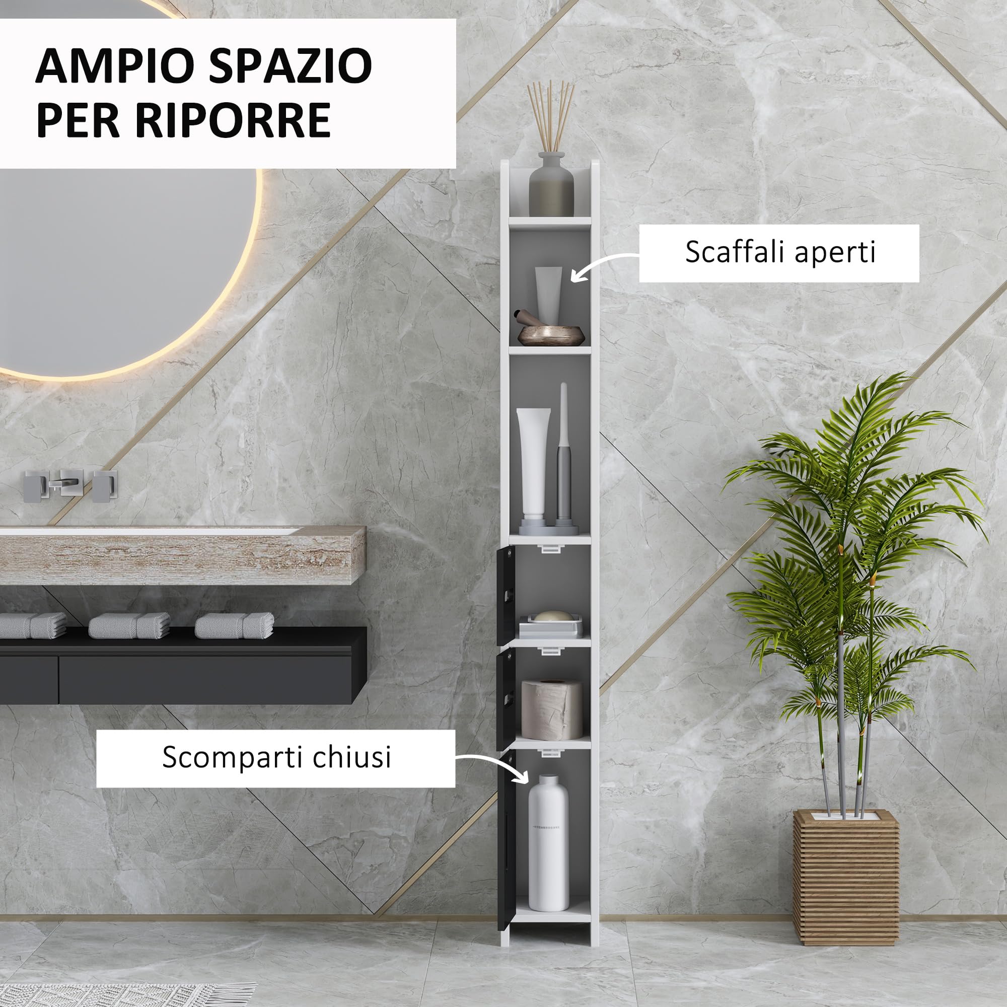 kleankin Mobiletto Bagno Salvaspazio a Colonna con 3 Mensole e 3 Armadietti, Colonna Bagno in Legno per Salotto, Soggiorno, Cucina, 15x17x120 cm, Bianco e Nero
