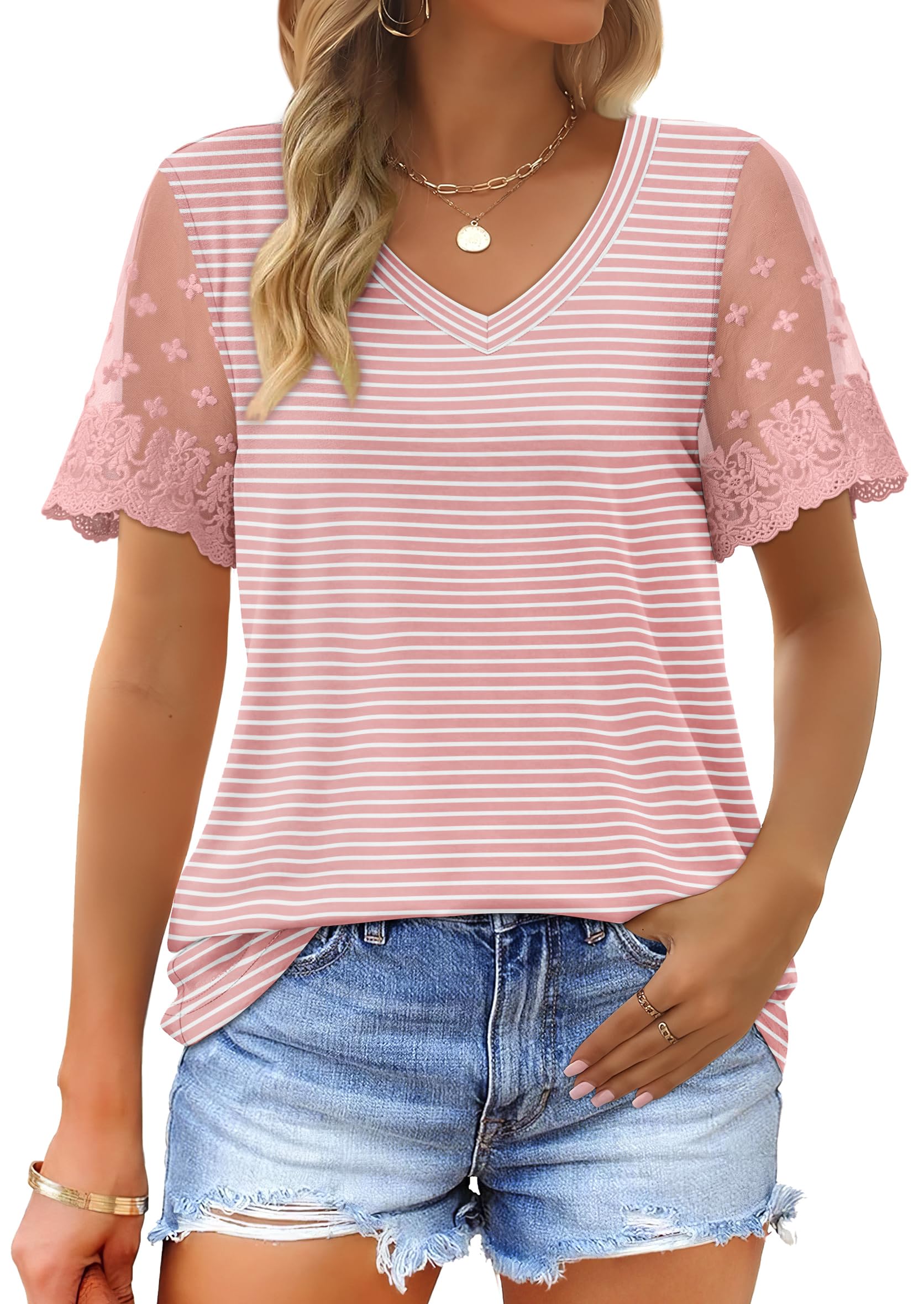 OFEEFAN Casual V Neck T Shirts for Women Lace Short Sleeve Curved Hem Tops Loose Fit