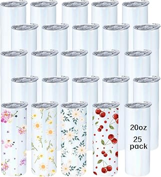 Glitter Sublimation Tumblers 20 oz Skinny Straight, 25 Pack Sublimation Shimmer Tumbler Blanks with Lids and Straws, Individually Boxed Stainless Steel Tumblers, White