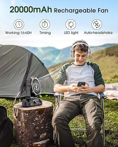 Miniatura 2 de ONLYNEW Ventilador portátil de campamento recargable de 20000 mAh, funciona con pilas, ventilador oscilante USB C alimentado por batería con