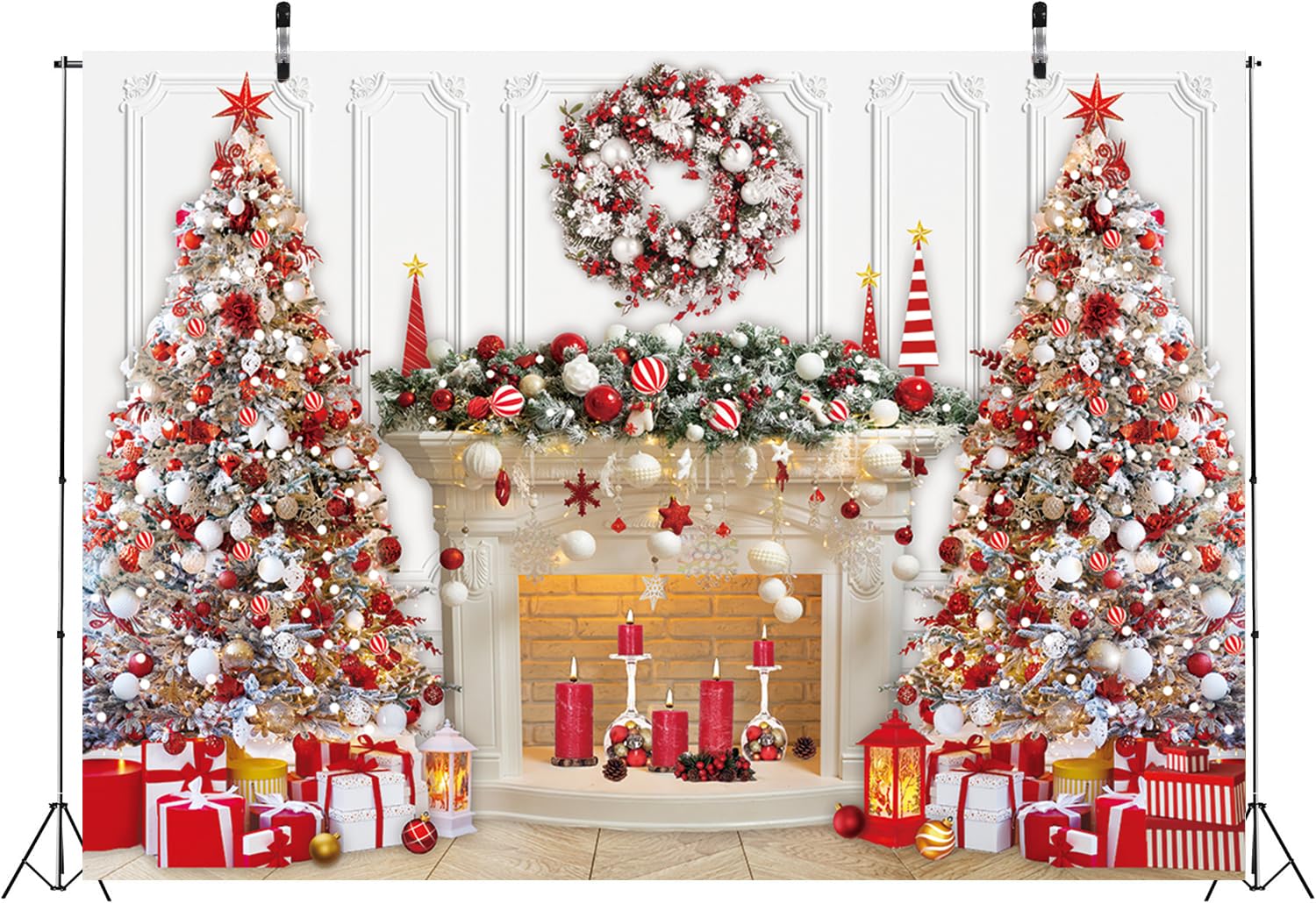 Christmas Fireplace Backdrop Red White Christmas Tree Garland Photography Background Winter Xmas Interior Family Kids Holiday Party Banner Decorations (8x6ft(96''x72'')) - Image 4
