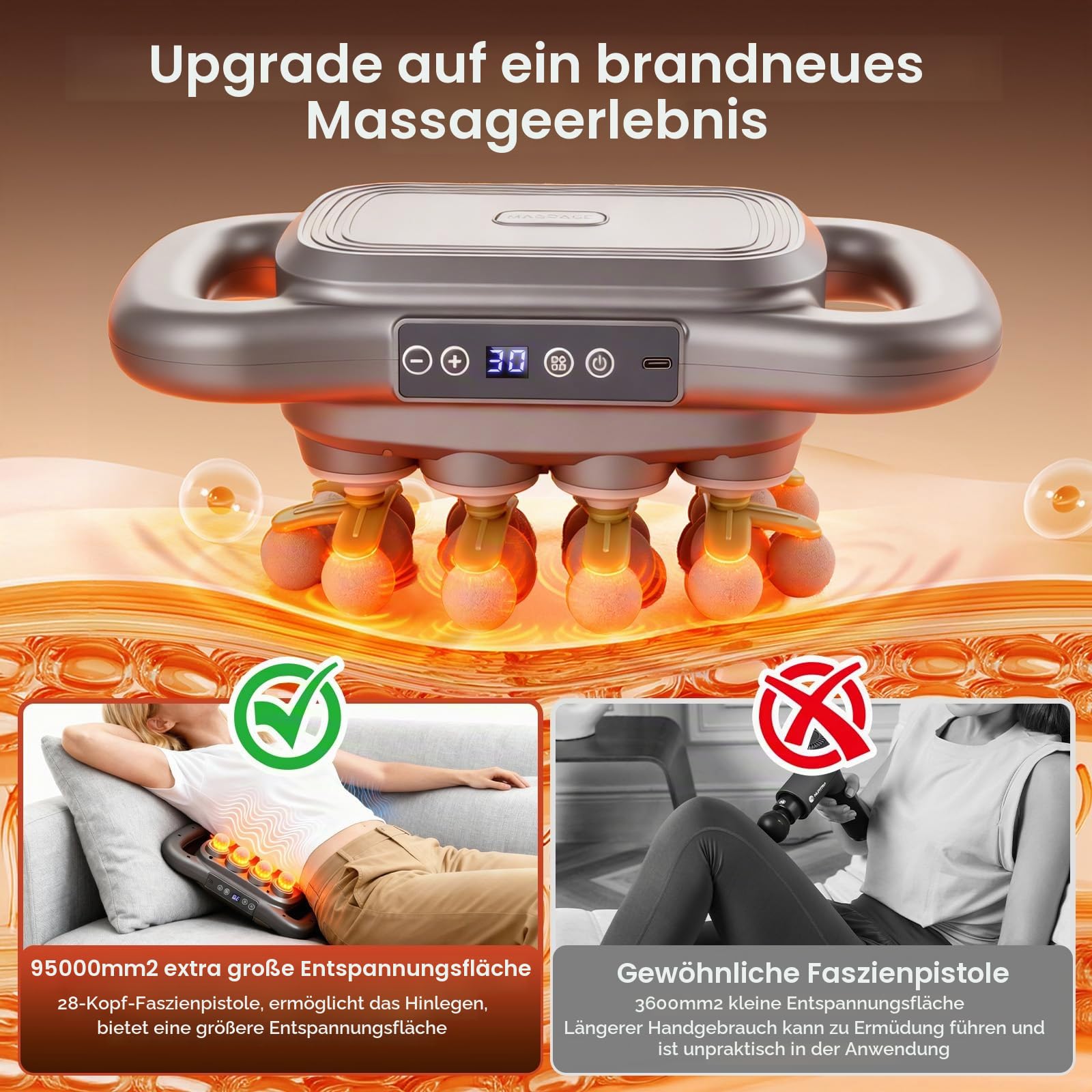 28-Kopf Massagepistole, Massagegerät mit 9 Einstellbaren Geschwindigkeiten und 9 Massagemodi, Massage Gun mit Rotlicht für Nacken Rücken Bein Oberschenkel Schulter Füße Entspannung (1)