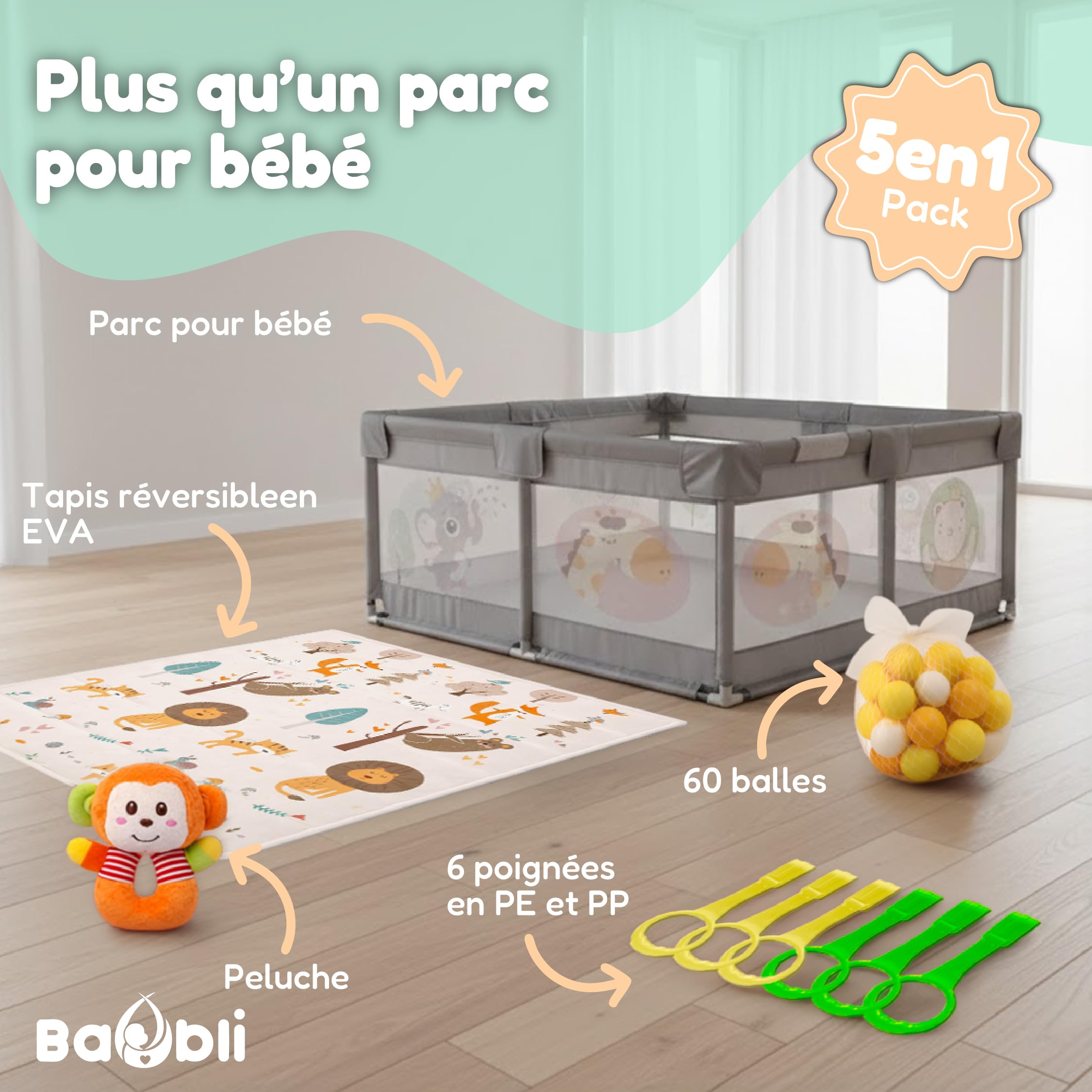 Parc pour bébé 180 x 200 cm + tapis + 60 balles + poignées + sacs de transport – Parc de jeux pour bébé avec maille respirante – Playpen Bebe