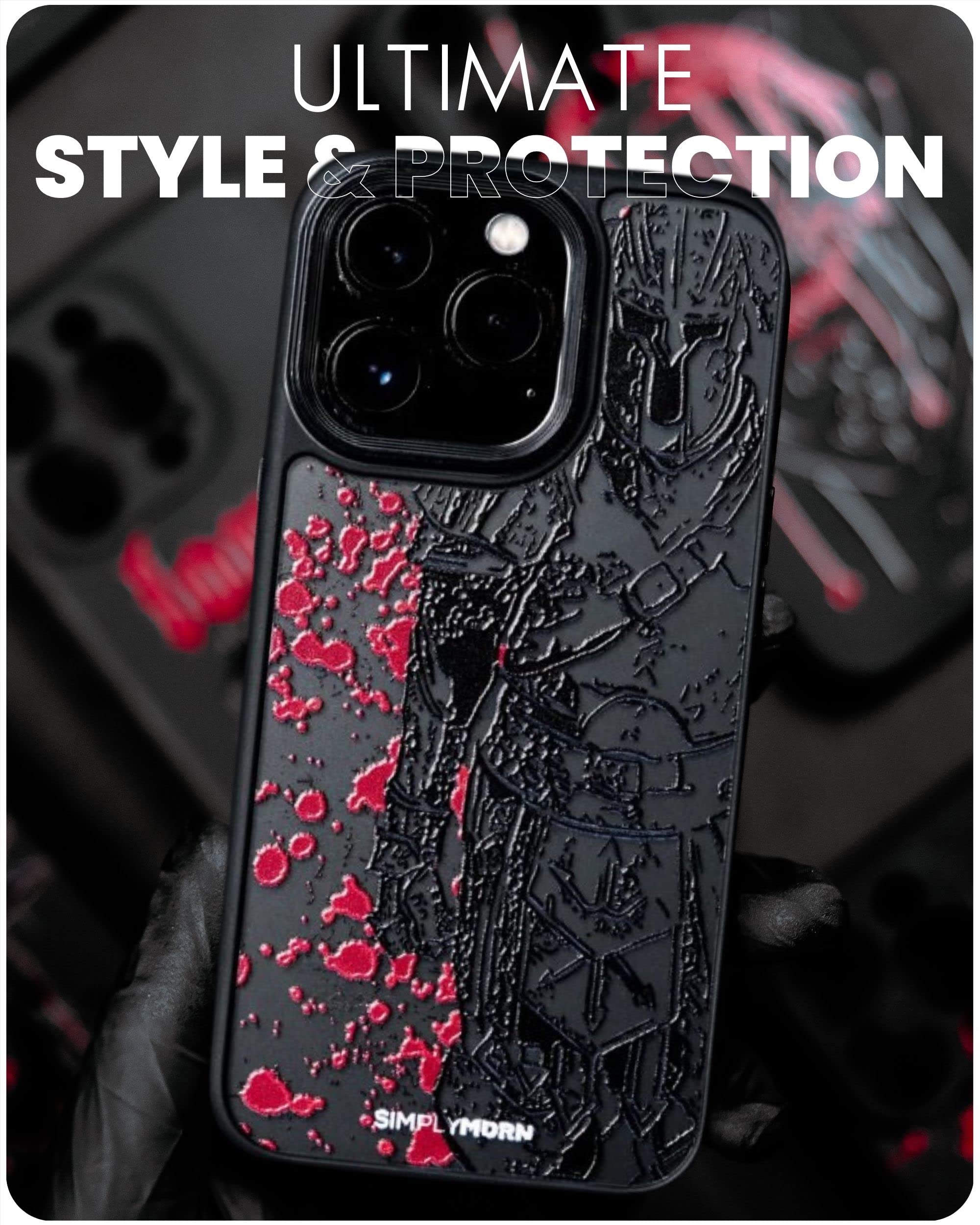SIMPLYMDRN IPhone 14 Hülle – Gladiator Design, Schlank & Flexibel, Stoßfest, Schwarze Glanz-Oberfläche
