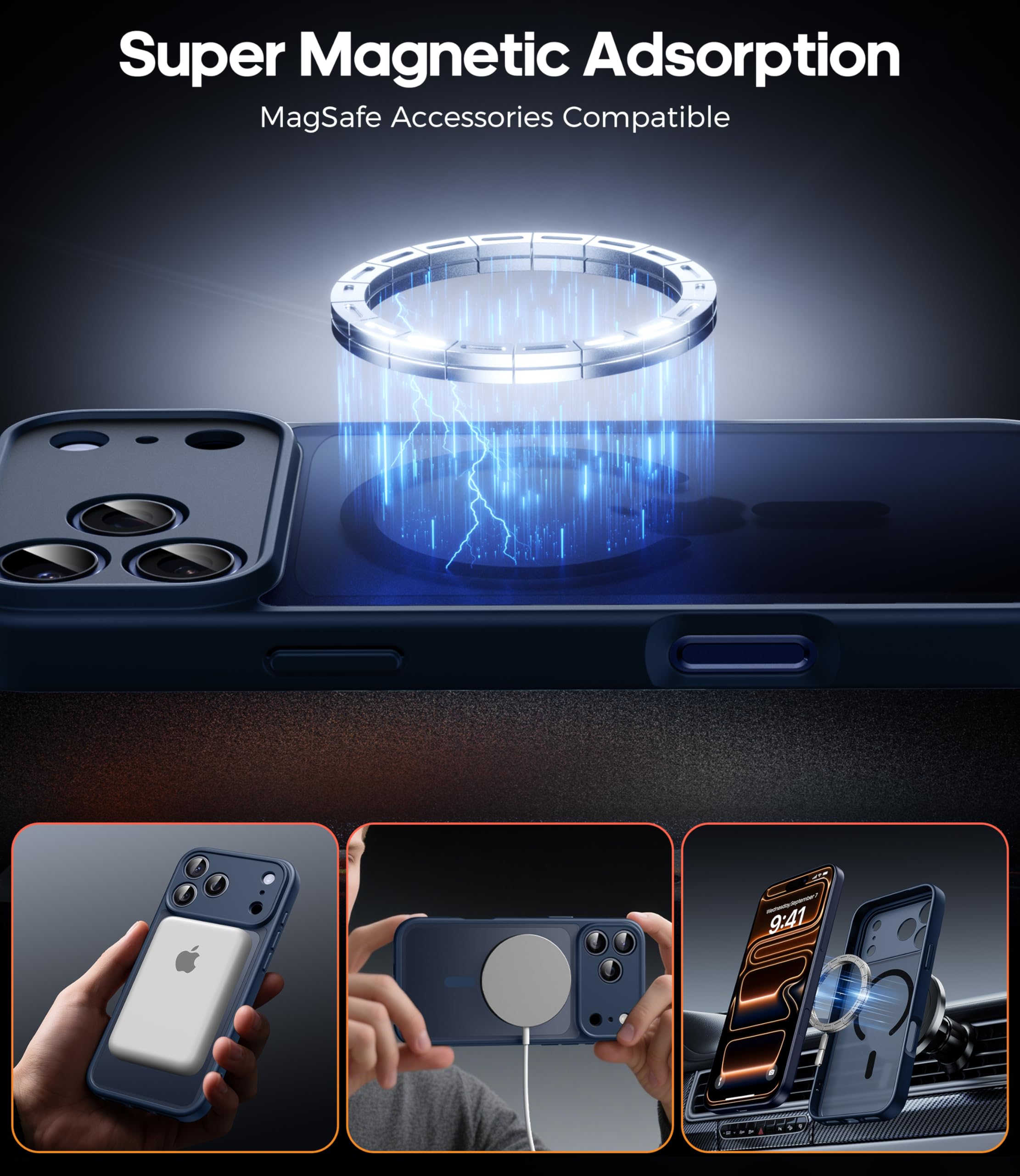 FLLAO Magnetica Cover per iPhone 17 Pro Max e 2 Pellicole in Vetro Temperato, Custodia iPhone 17 Pro Max Compatibile con Magsafe, Traslucida Opaca Sottile Antiurto Protettiva Case, Blu Tempesta