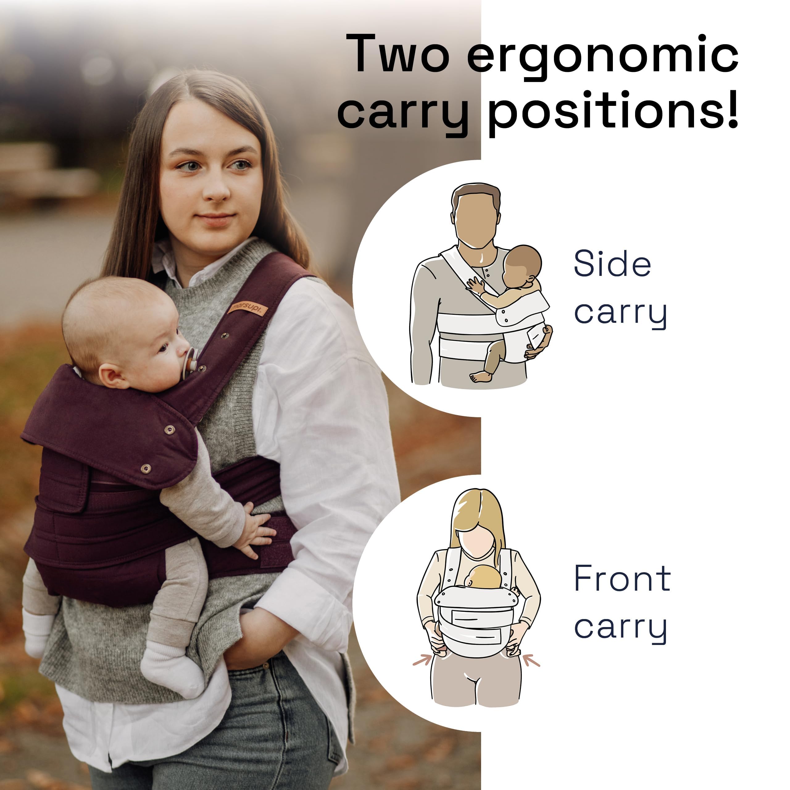 marsupi Nosidełko dziecięce Classic 2.0 – lekkie nosidełko dla noworodków od 3,5 kg i małych dzieci do 15 kg – kompaktowe nosidełko dziecięce ze stabilnym systemem na rzepy – rozmiar L, berry