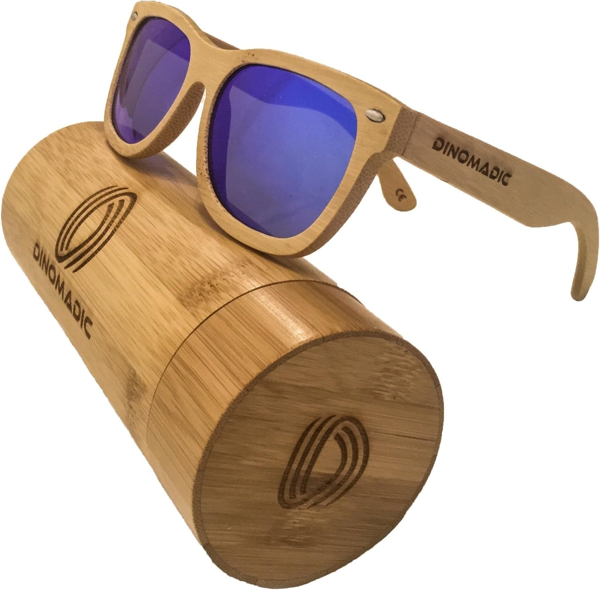 DINOMADic | Unisex Wayfarer Bamboo Sunglasses with Polarized Lenses in Rounded Wooden Case