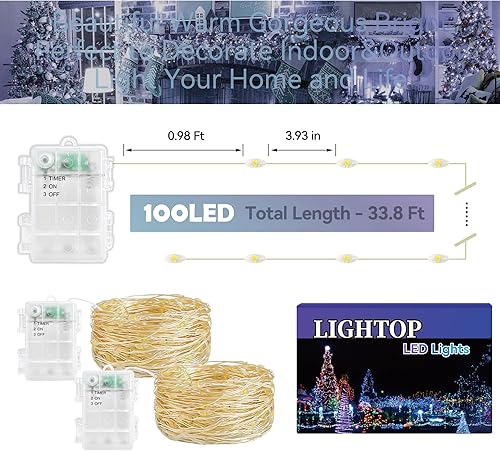 Miniatura 9 de LIGHTOP Guirnalda de luces a pilas, paquete de 2 unidades, 100 LED, impermeables, alambre de cobre, luces parpadeantes con temporizador para