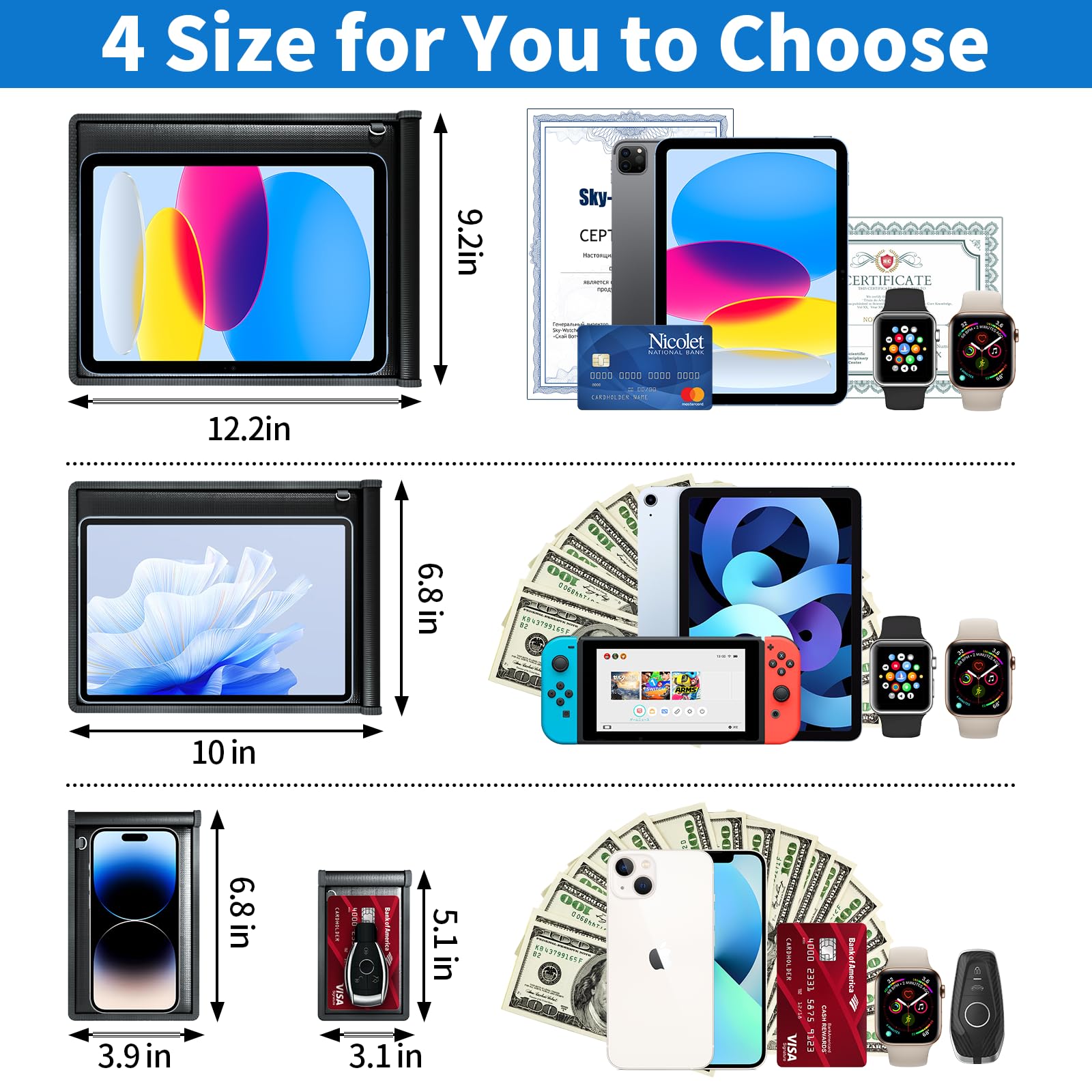 Faraday Bolsas, paquete de 4 bolsas Faraday con protector de llavero, resistente al fuego Faraday bolsas impermeables a prueba de EMP, bloqueador de señal antirrobo Faraday bolsa para llavero de
