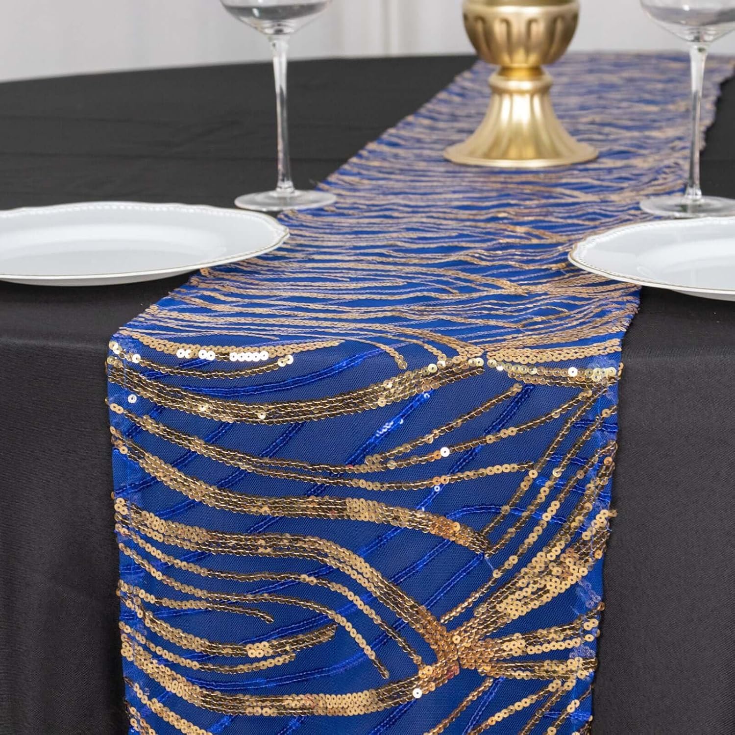 Efavormart 12"x108" Royal Blue Gold Wave Mesh Table Runner with Embroidered Sequins