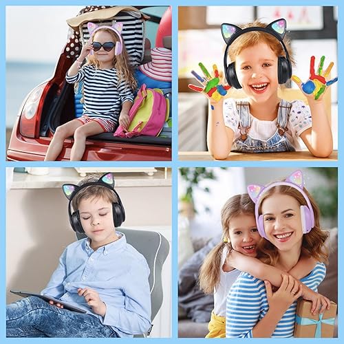 Miniatura 4 de kuyaon Auriculares inalámbricos para niños y niñas, con luz LED, con micrófono para la escuela, viajes, deportes, juegos, regalos, Navidad (negro)