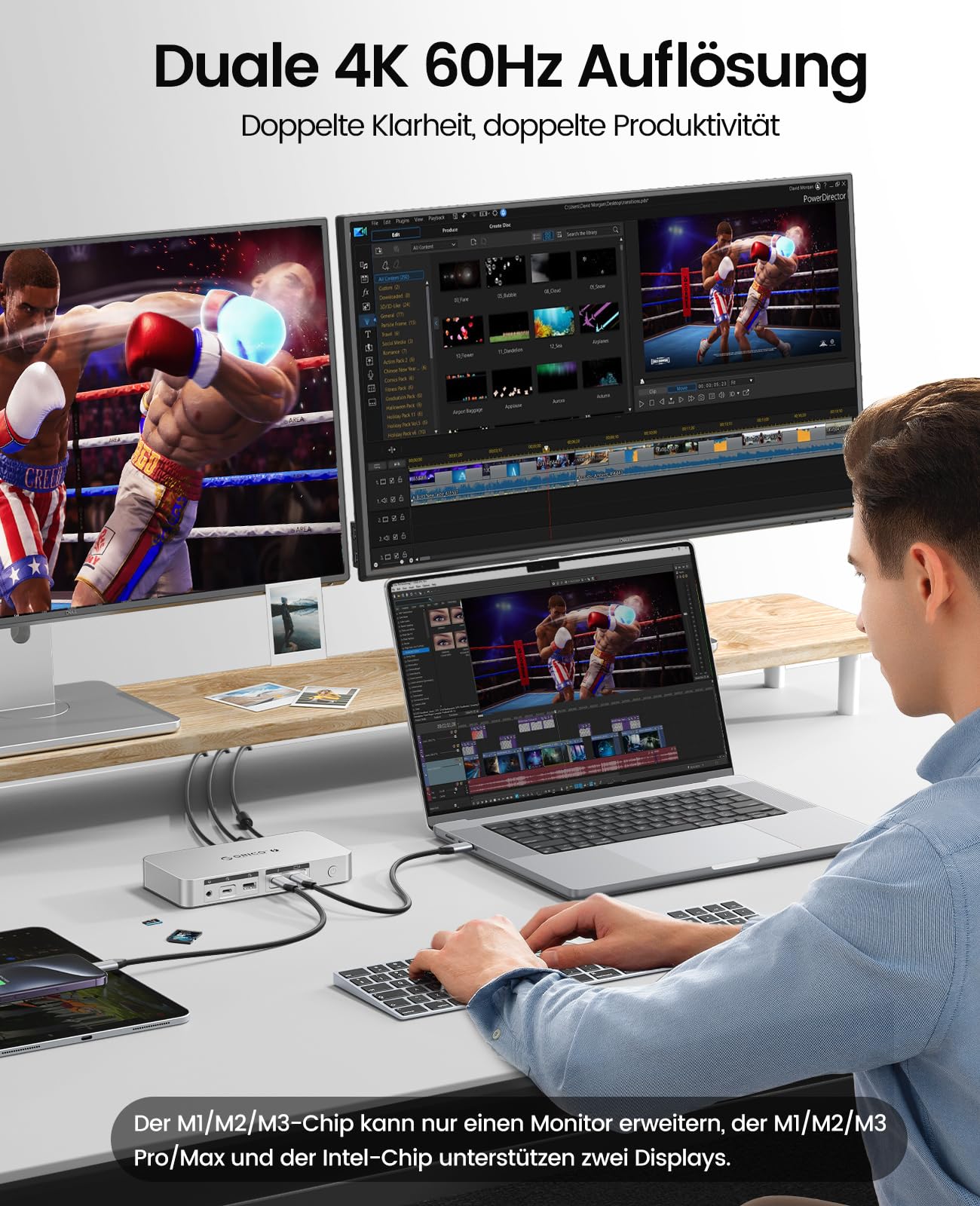 ORICO Thunderbolt 4 Dock 12-in-1 40Gbps Docking Station,85W+15W PD Laden, Dual 4K/Einzel 8K,4xUSB,Gigabit Ethernet, SD/TF, AUX, Thunderbolt Zertifiziert für M4 MacBook Air & Pro