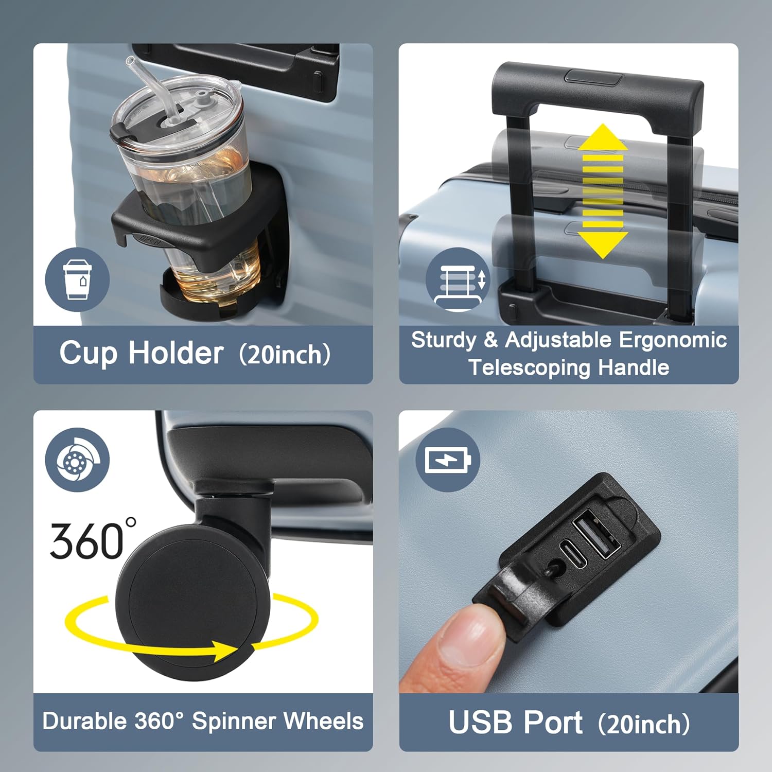 Merax Luggage Sets 5 Piece,Front Open Hardshell Expandable Suitcase with Spinner Wheels and Duffel Bags,Lightweight Carry on Luggage with USB Port and Cup Holder,20/24/28IN,Sky Blue